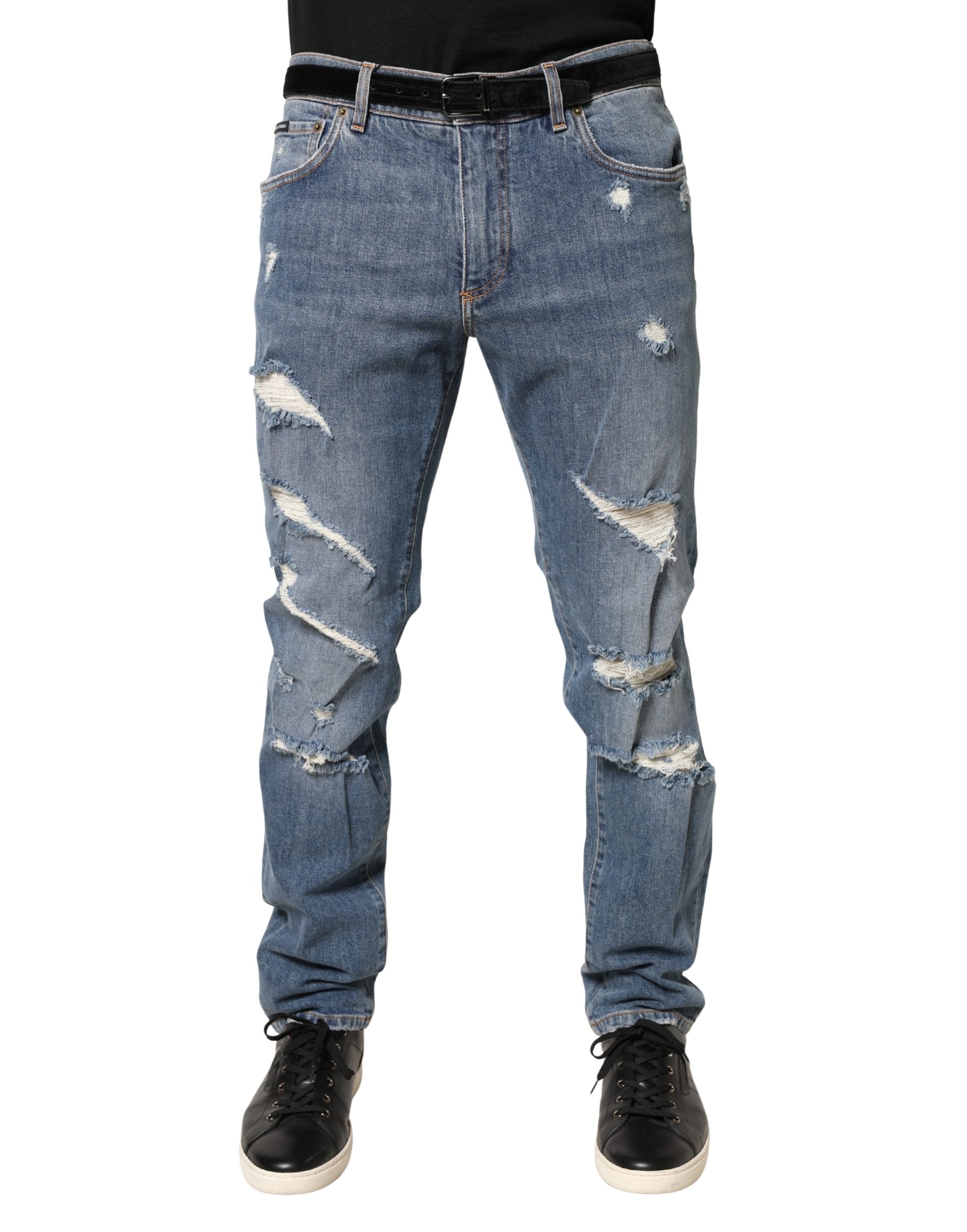 Blue Tattered Slim Fit Cotton Denim Jeans - ventzia