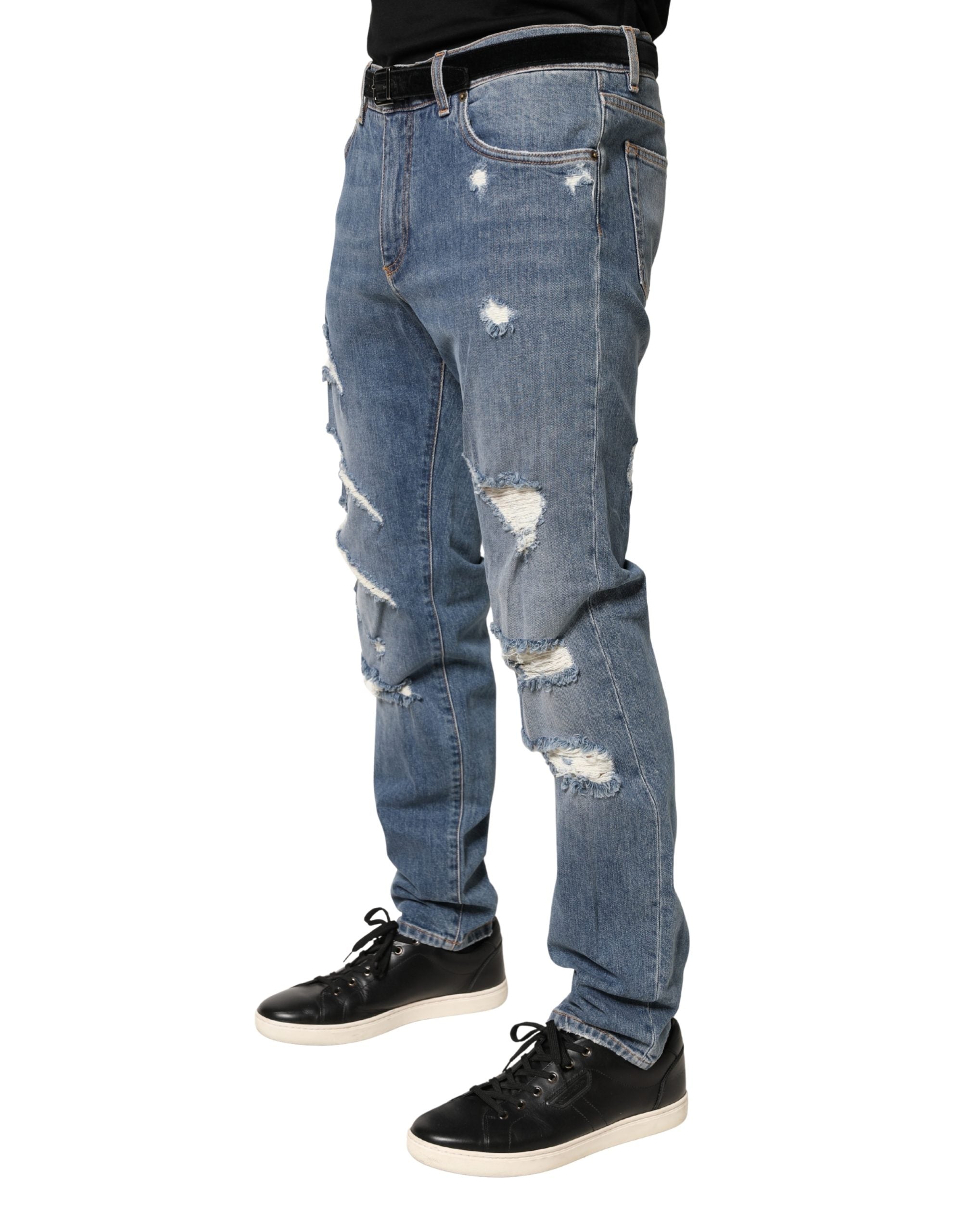 Blue Tattered Slim Fit Cotton Denim Jeans - ventzia