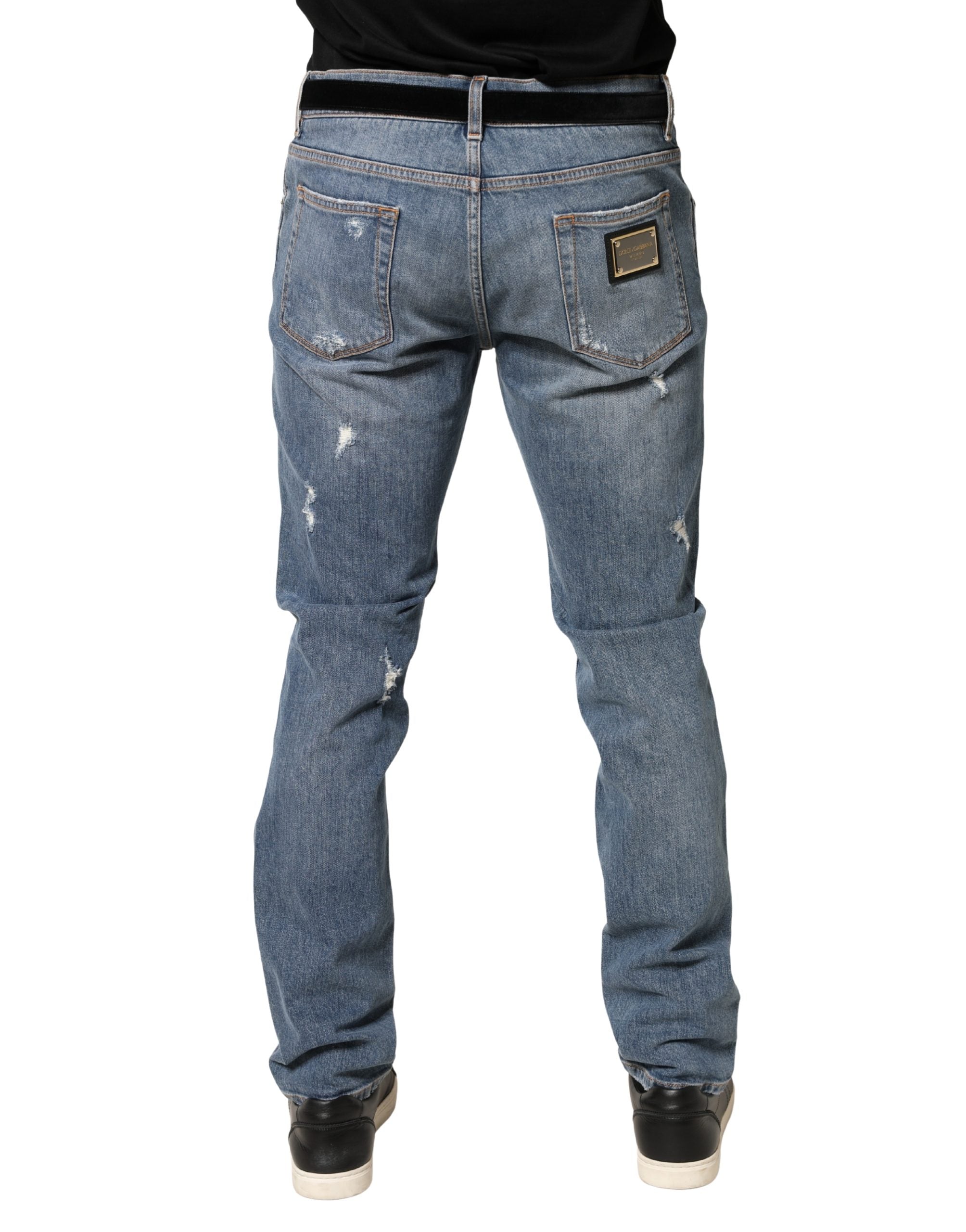 Blue Tattered Slim Fit Cotton Denim Jeans - ventzia