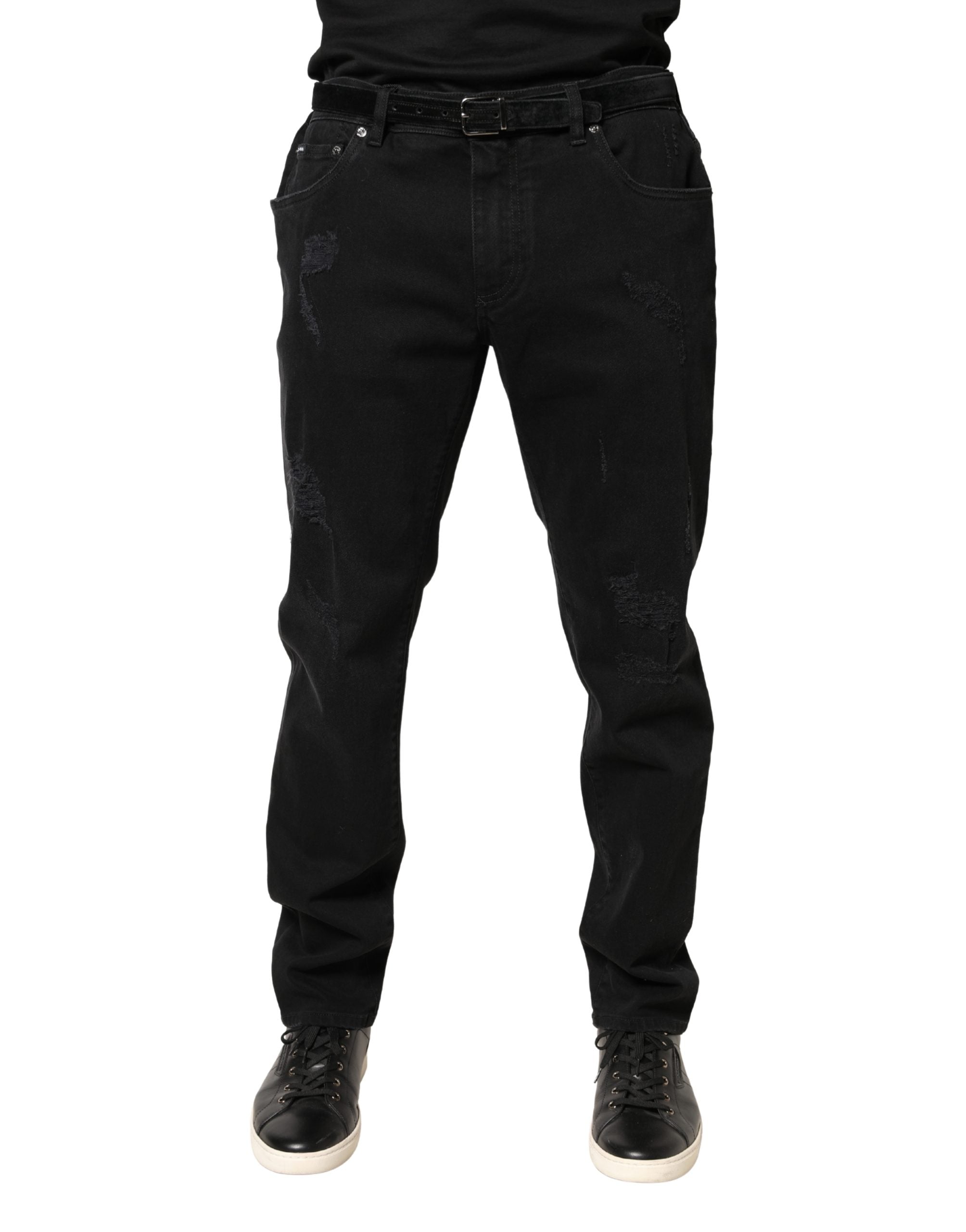 Black Tattered Skinny Cotton Denim Jeans - ventzia