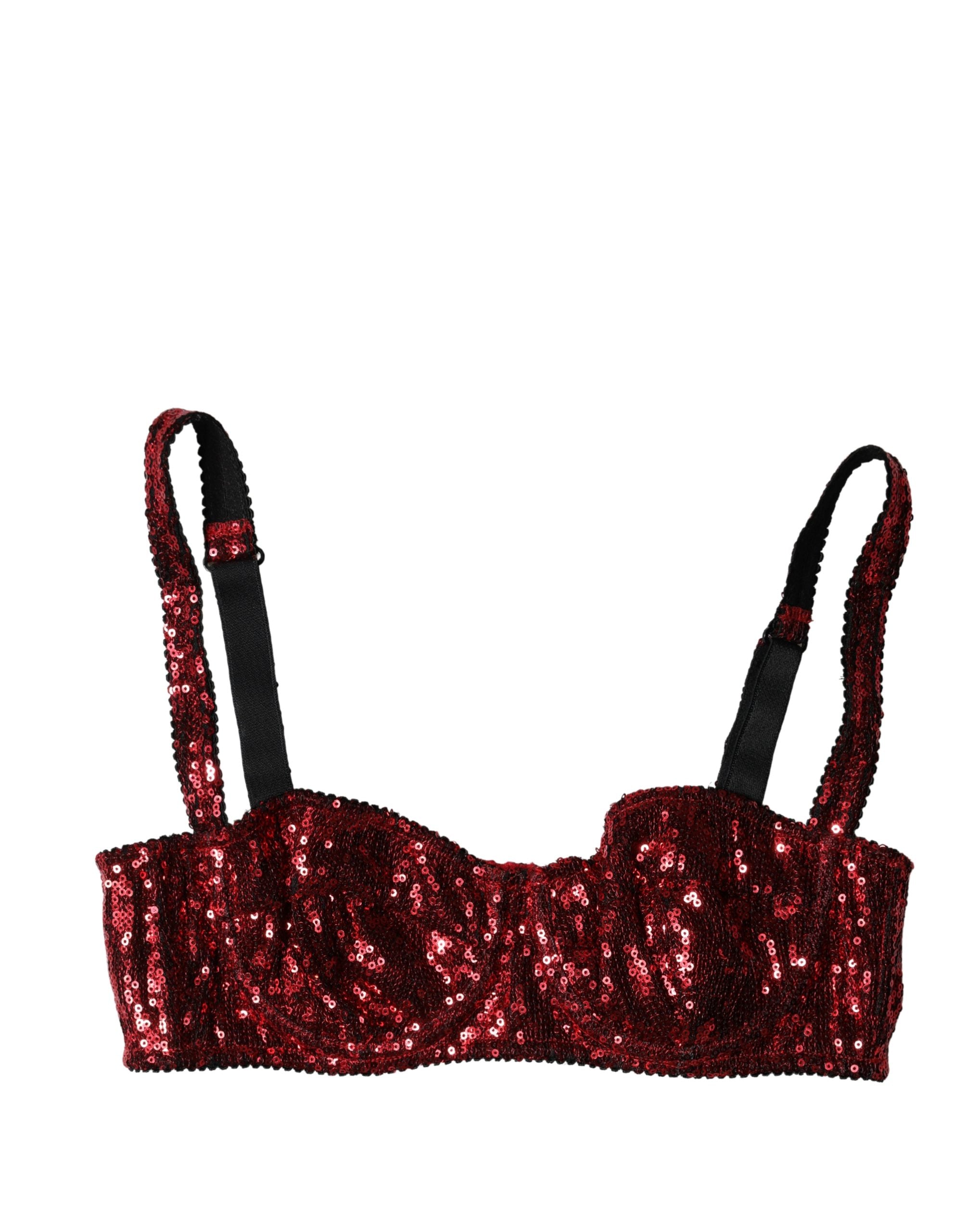 Red Sequined Nylon Balconnet Bra Underwear - ventzia