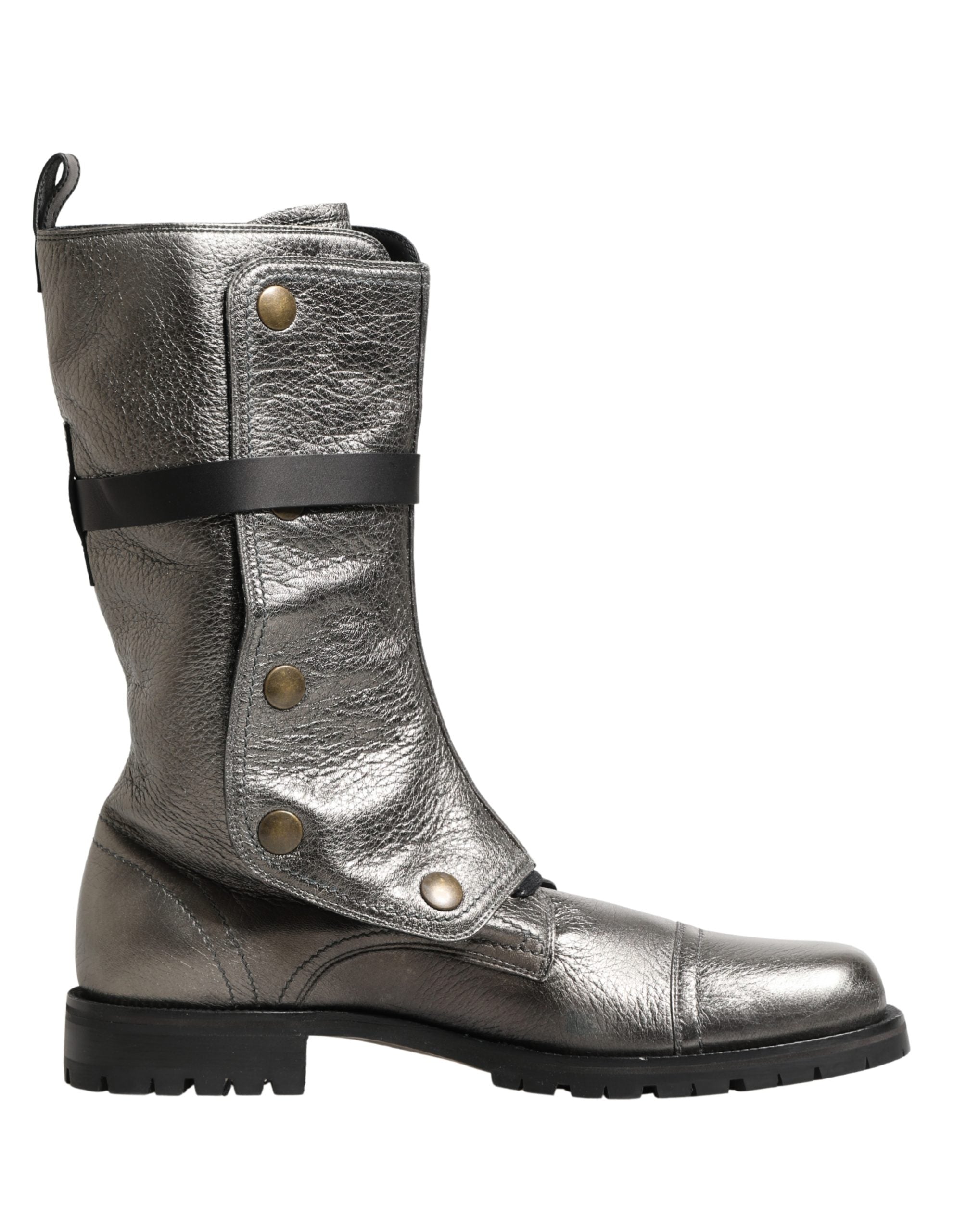 Metallic Silver Combat Biker Mid Calf Boots Shoes - ventzia