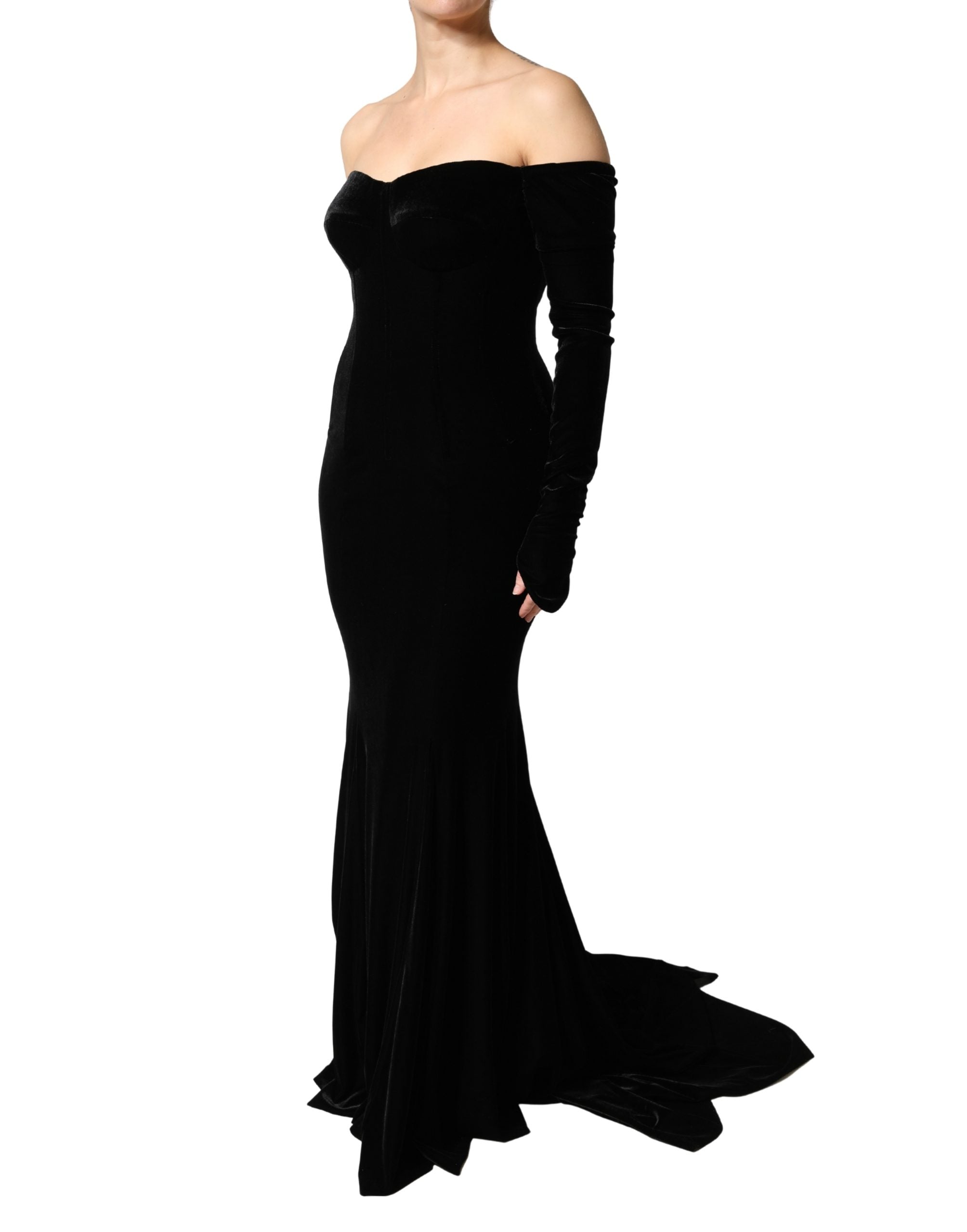 Black Off Shoulder Bodycon Long Gown Dress - ventzia