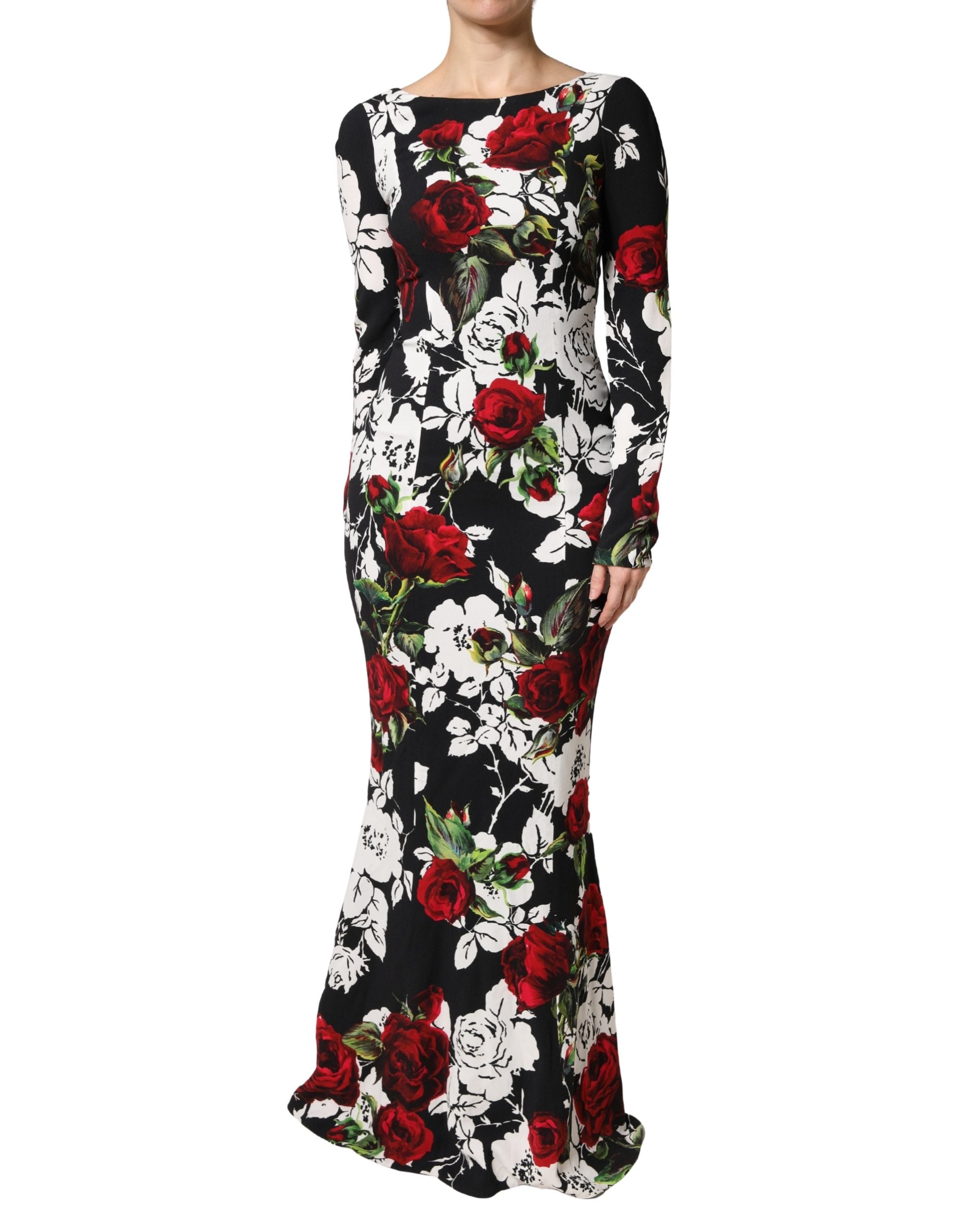 Black Floral Viscose Bodycon Long Gown Dress - ventzia