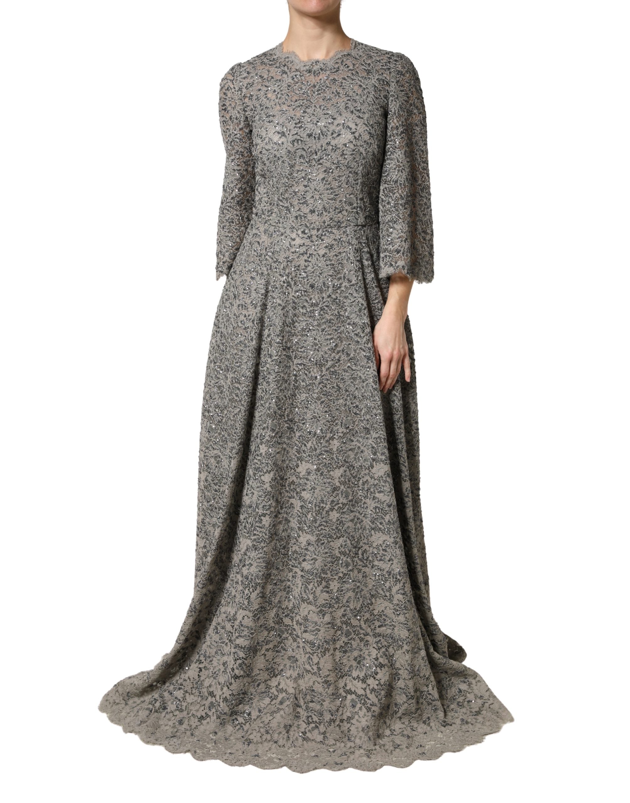 Gray Lace Long Sleeves Cotton Maxi Dress - ventzia