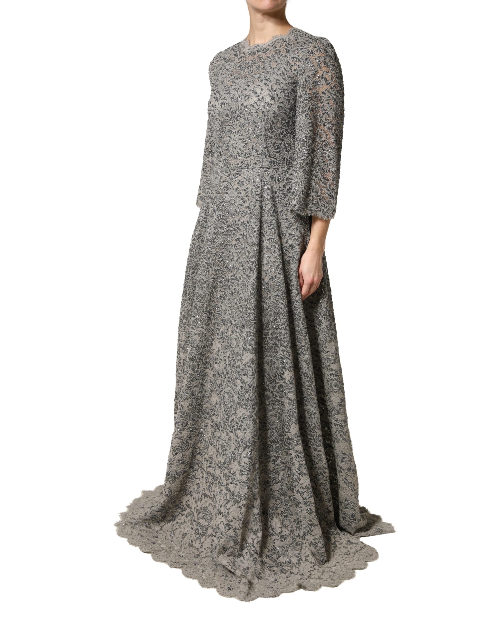 Gray Lace Long Sleeves Cotton Maxi Dress - ventzia