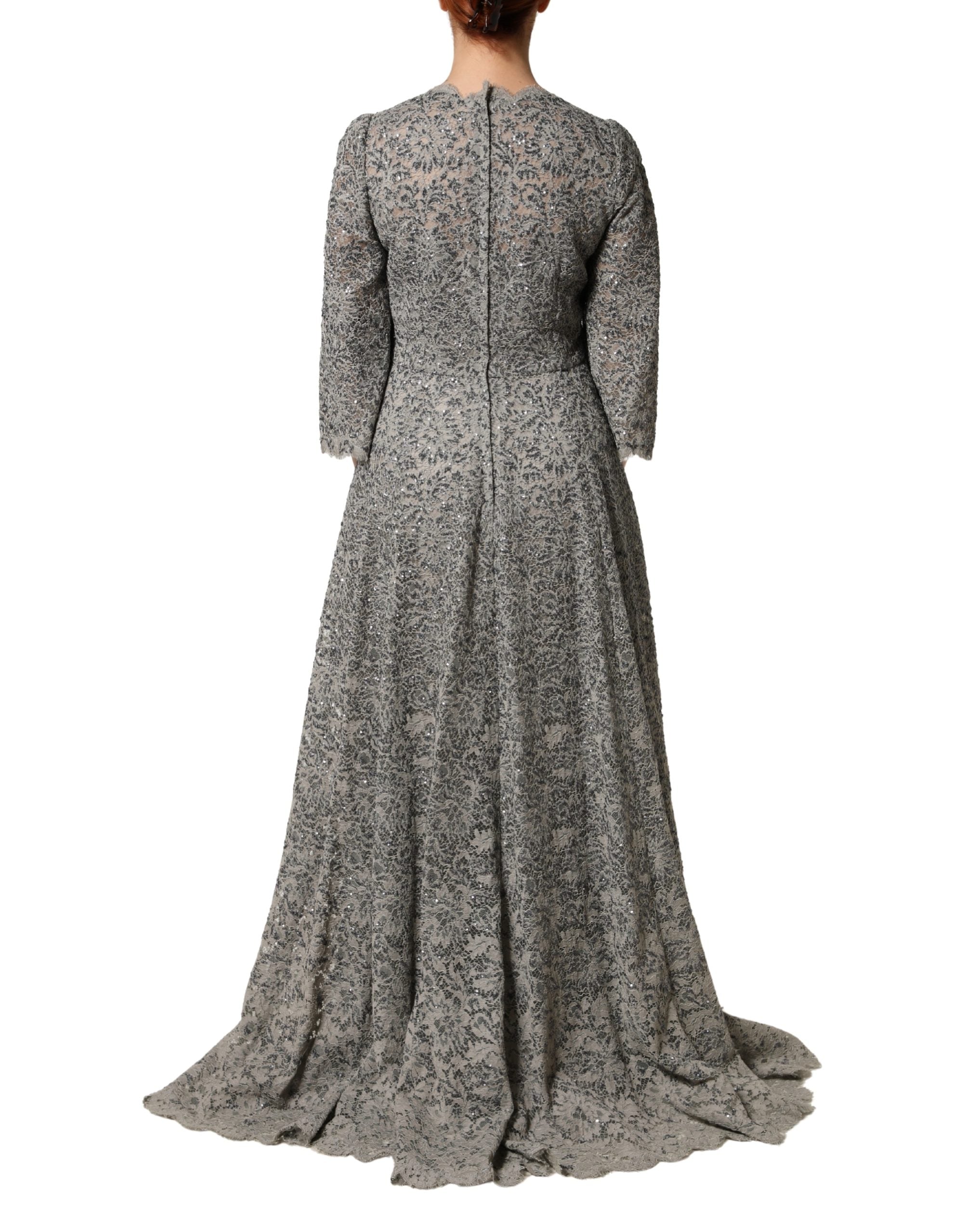Gray Lace Long Sleeves Cotton Maxi Dress - ventzia