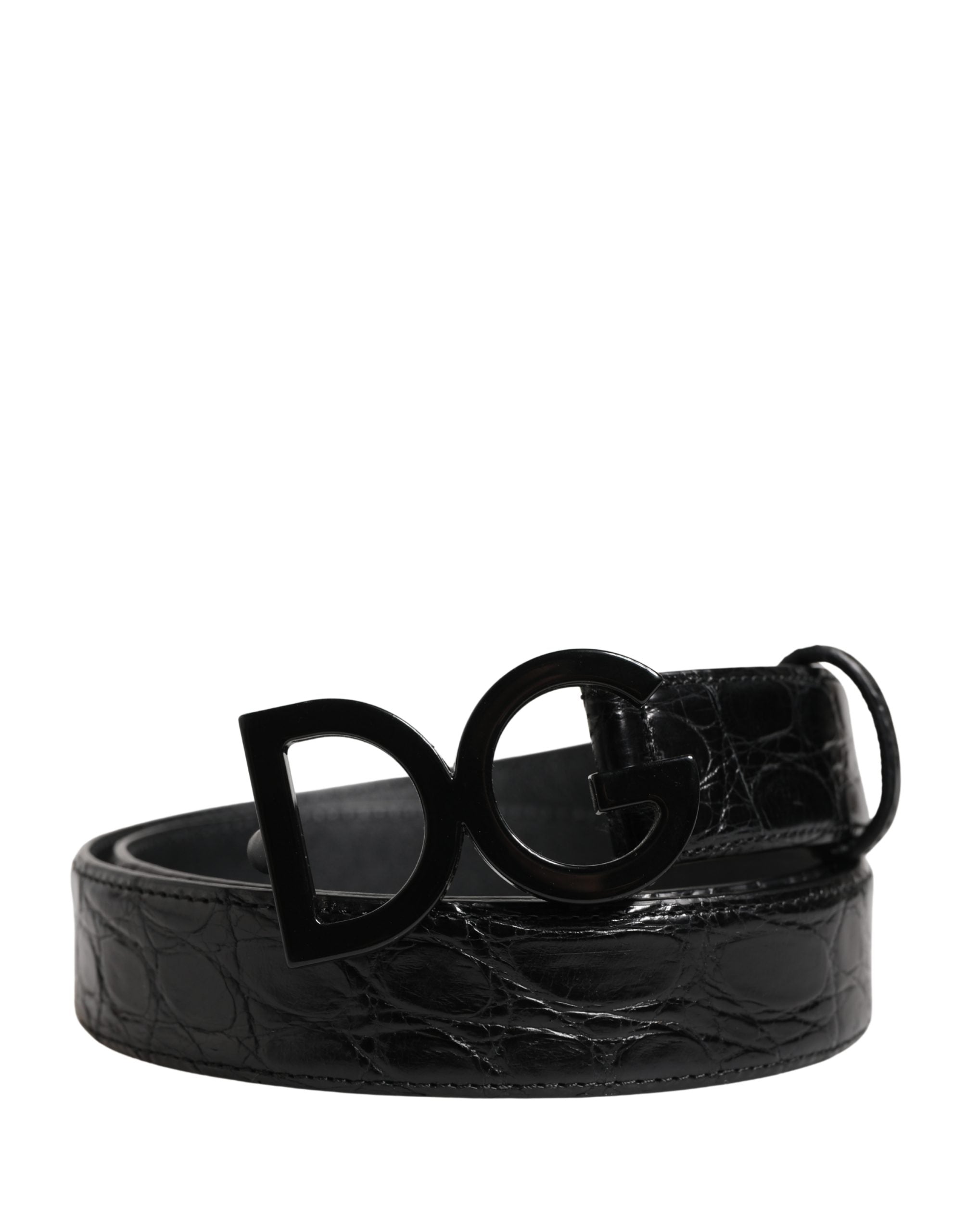 Men Black Exotic Leather Logo Buckle Belt - ventzia