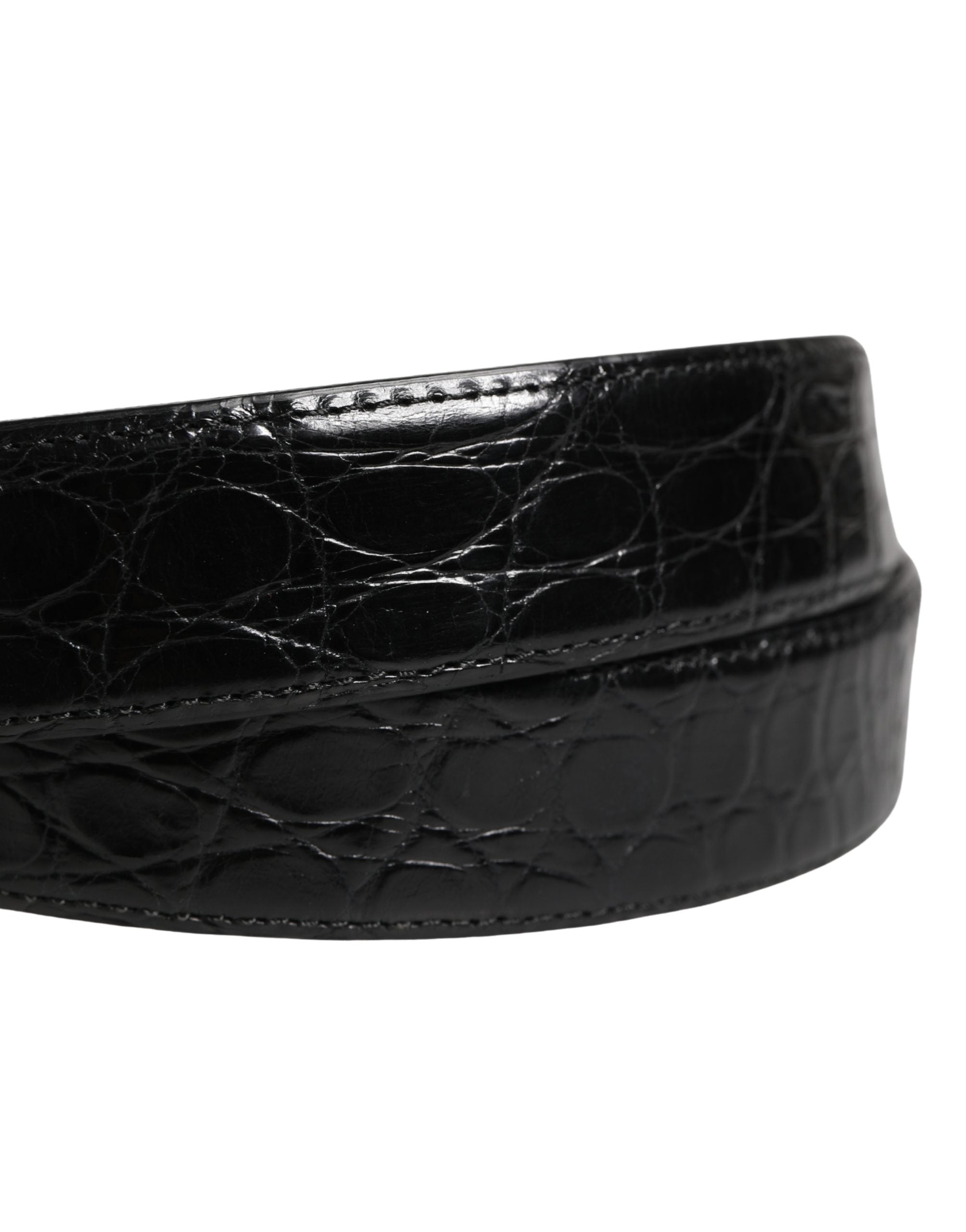 Men Black Exotic Leather Logo Buckle Belt - ventzia
