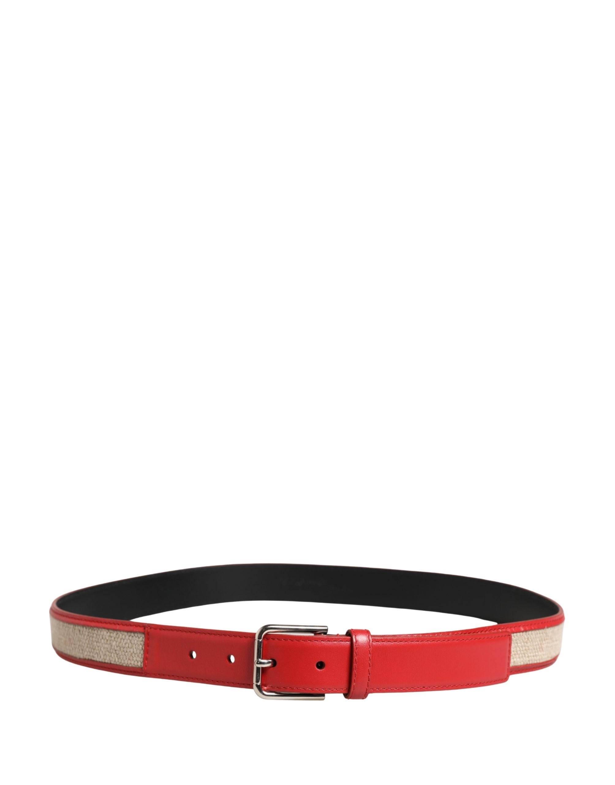 Men Beige Red Woven Leather Metal Buckle Belt - ventzia
