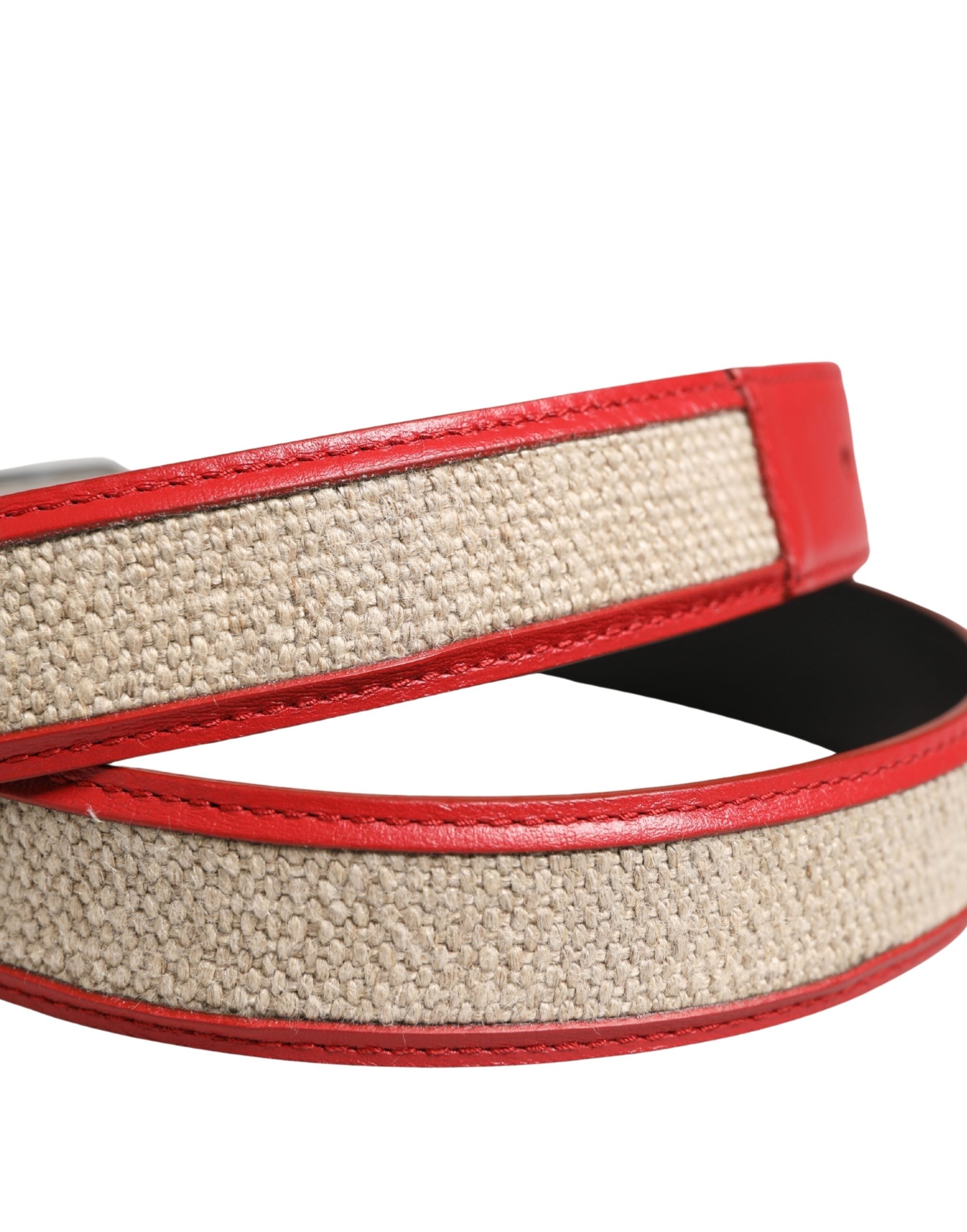 Men Beige Red Woven Leather Metal Buckle Belt - ventzia