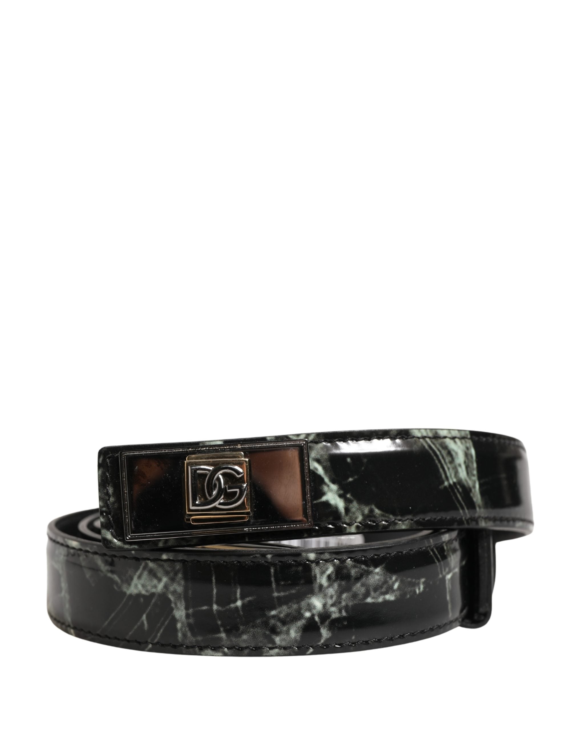 Men Black Marble Leather DG Logo Buckle Belt - ventzia