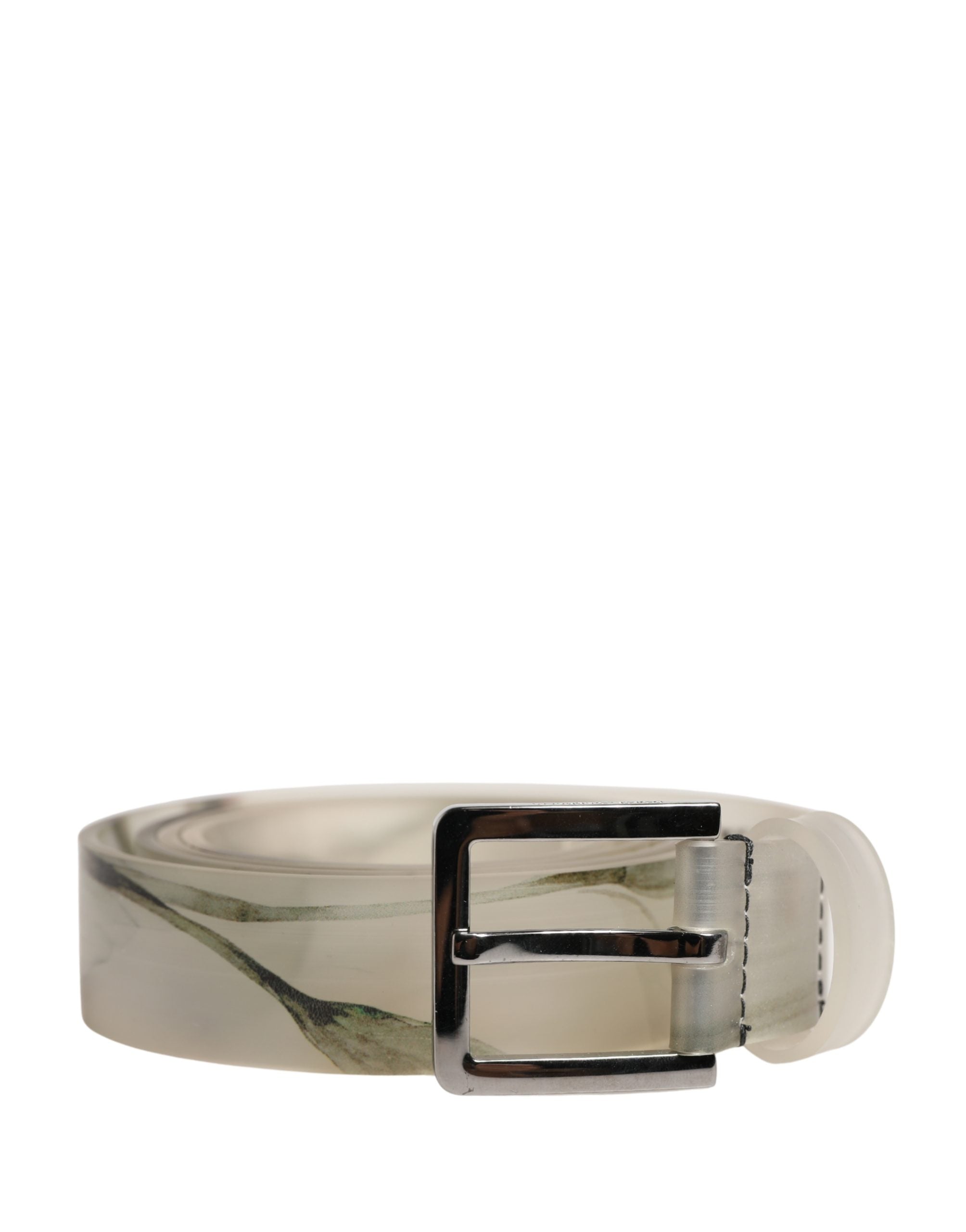 Men White Floral PVC Silver Metal Buckle Belt - ventzia
