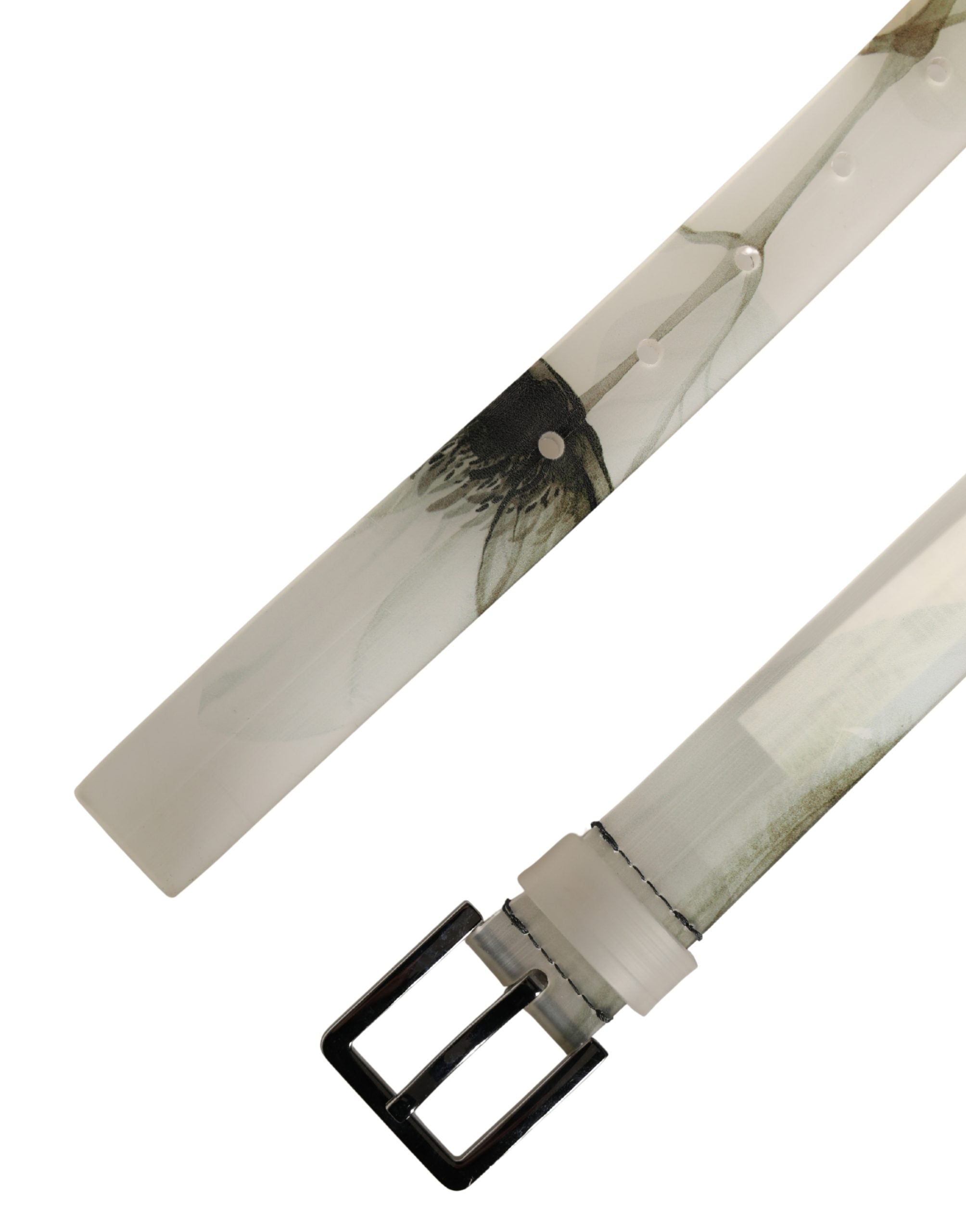 Men White Floral PVC Silver Metal Buckle Belt - ventzia