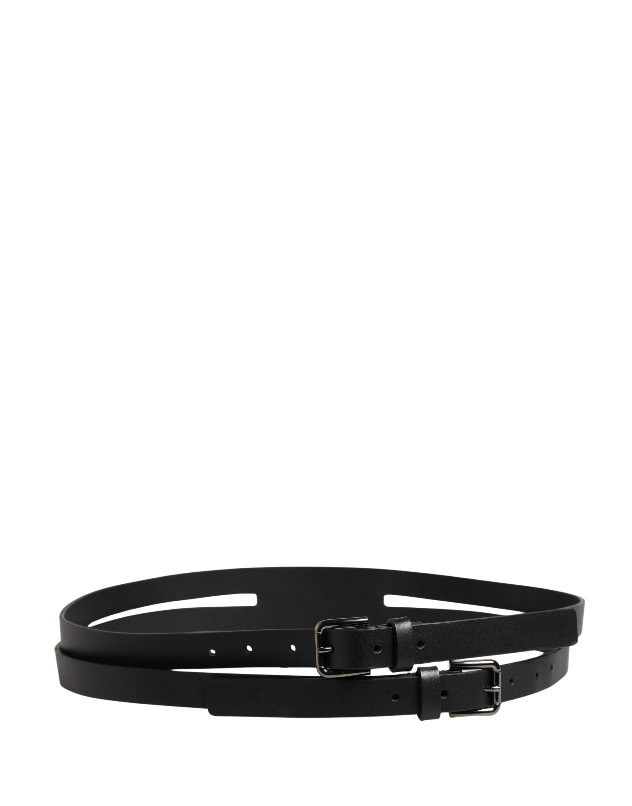 Black Double Strap Leather Silver Buckle Belt - ventzia