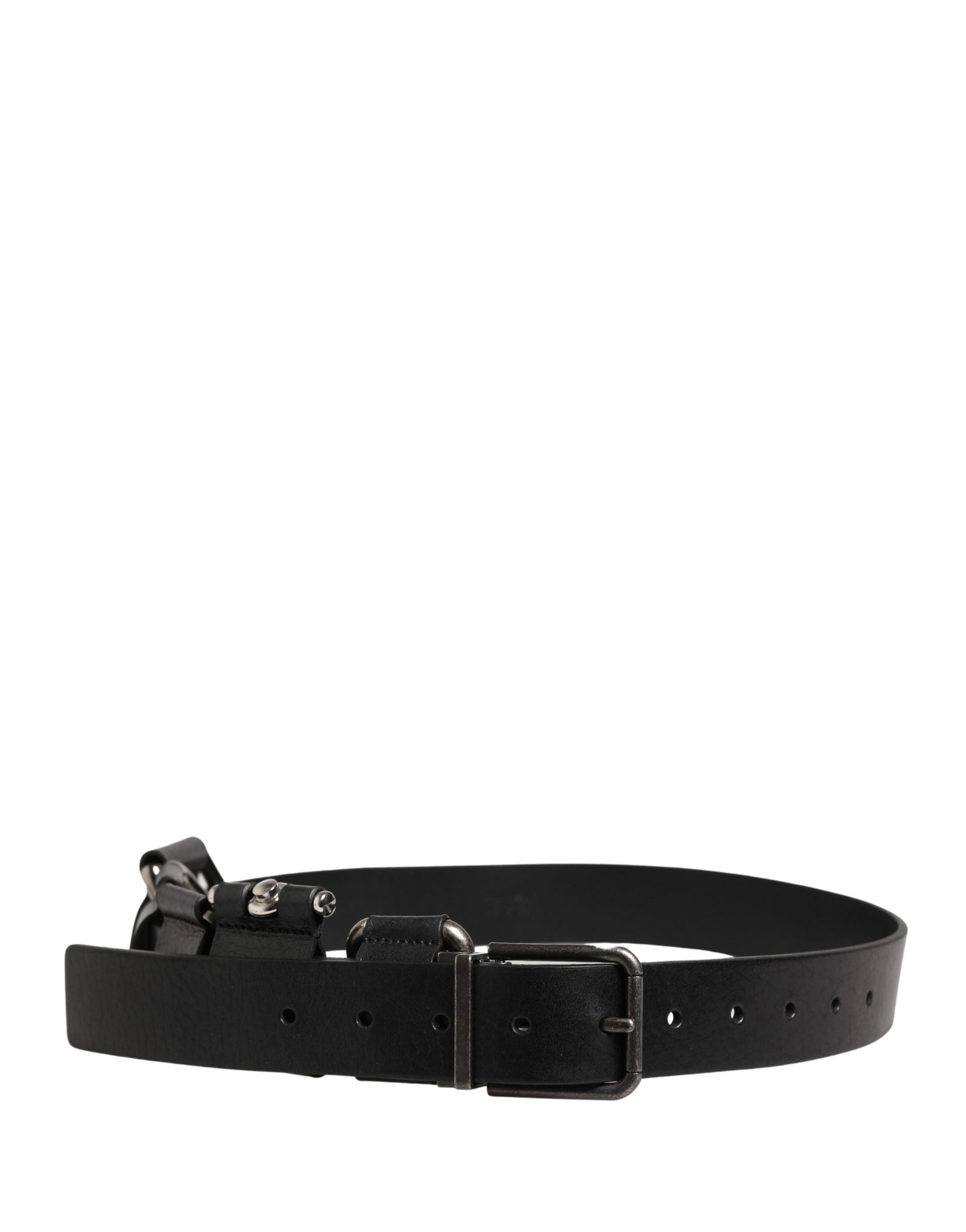 Black Calf Leather Silver Metal Buckle Belt - ventzia