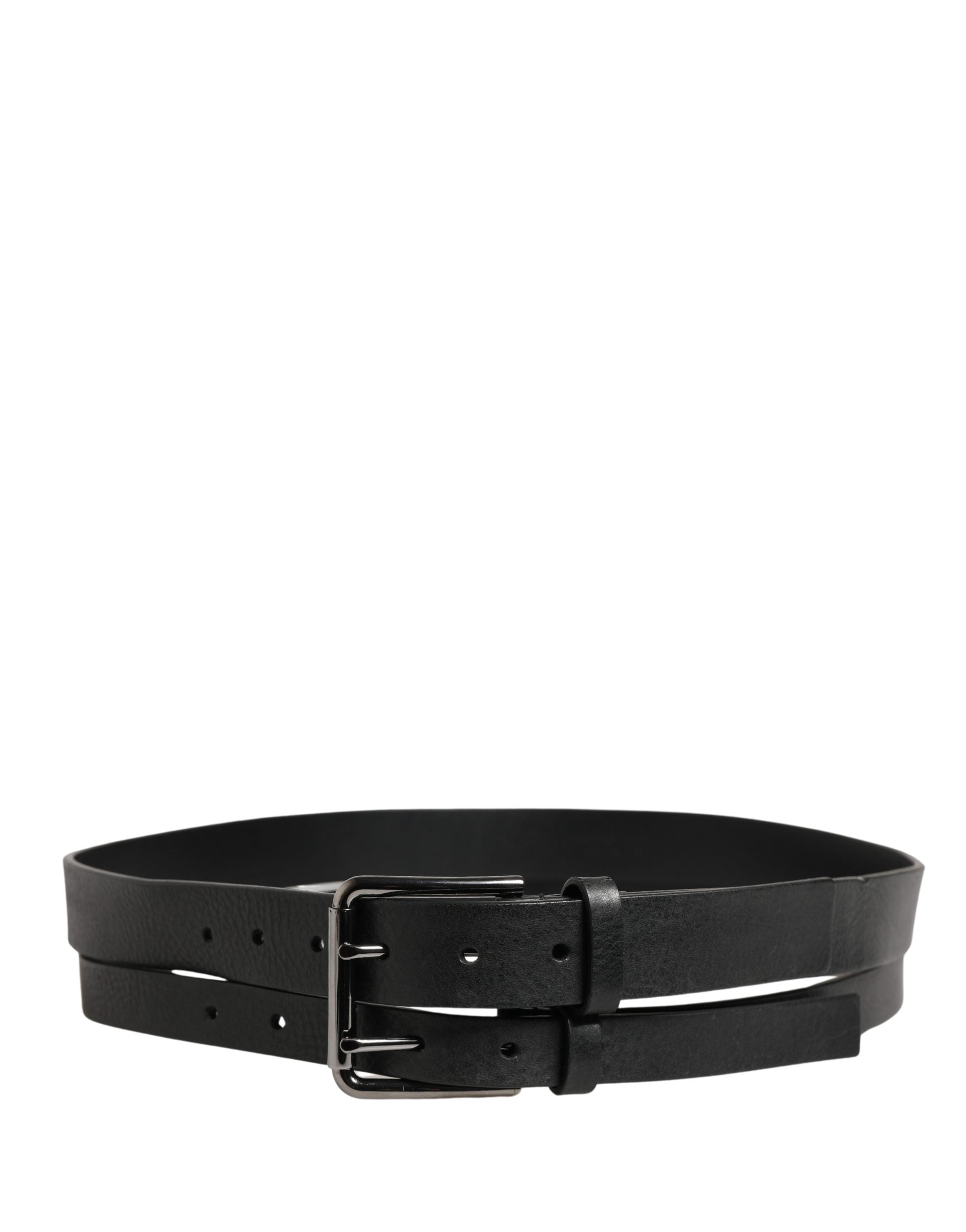 Black Double Strap Leather Silver Buckle Belt - ventzia