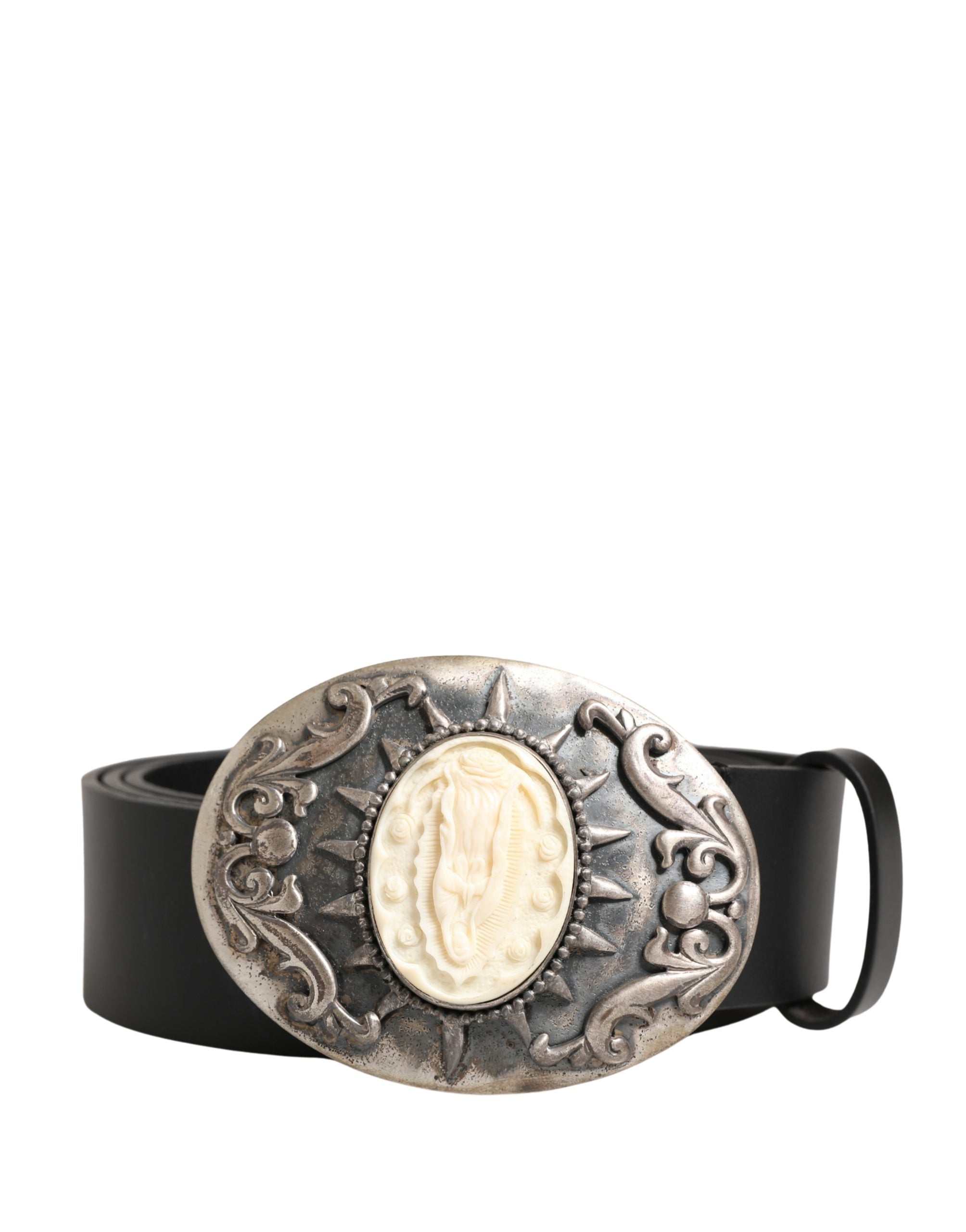 Black Calf Leather Ornate Metal Buckle Belt - ventzia