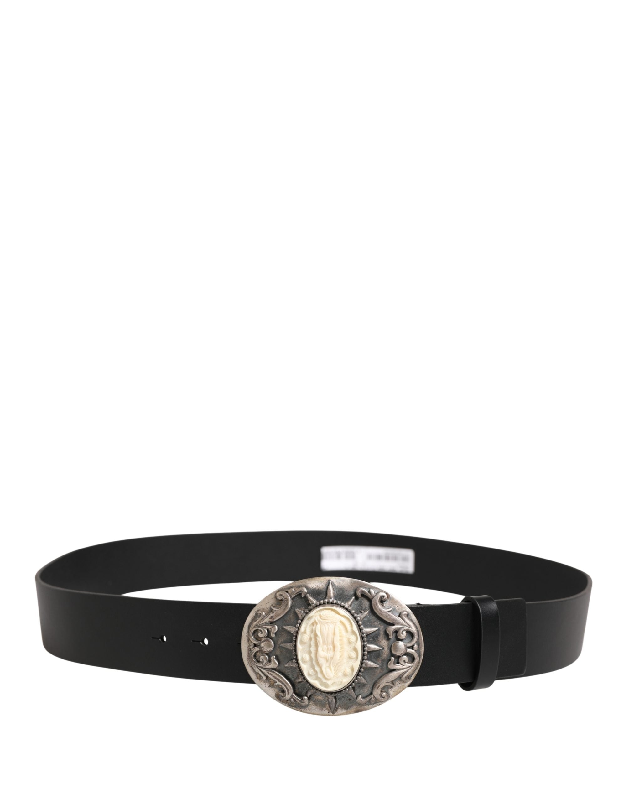 Black Calf Leather Ornate Metal Buckle Belt - ventzia