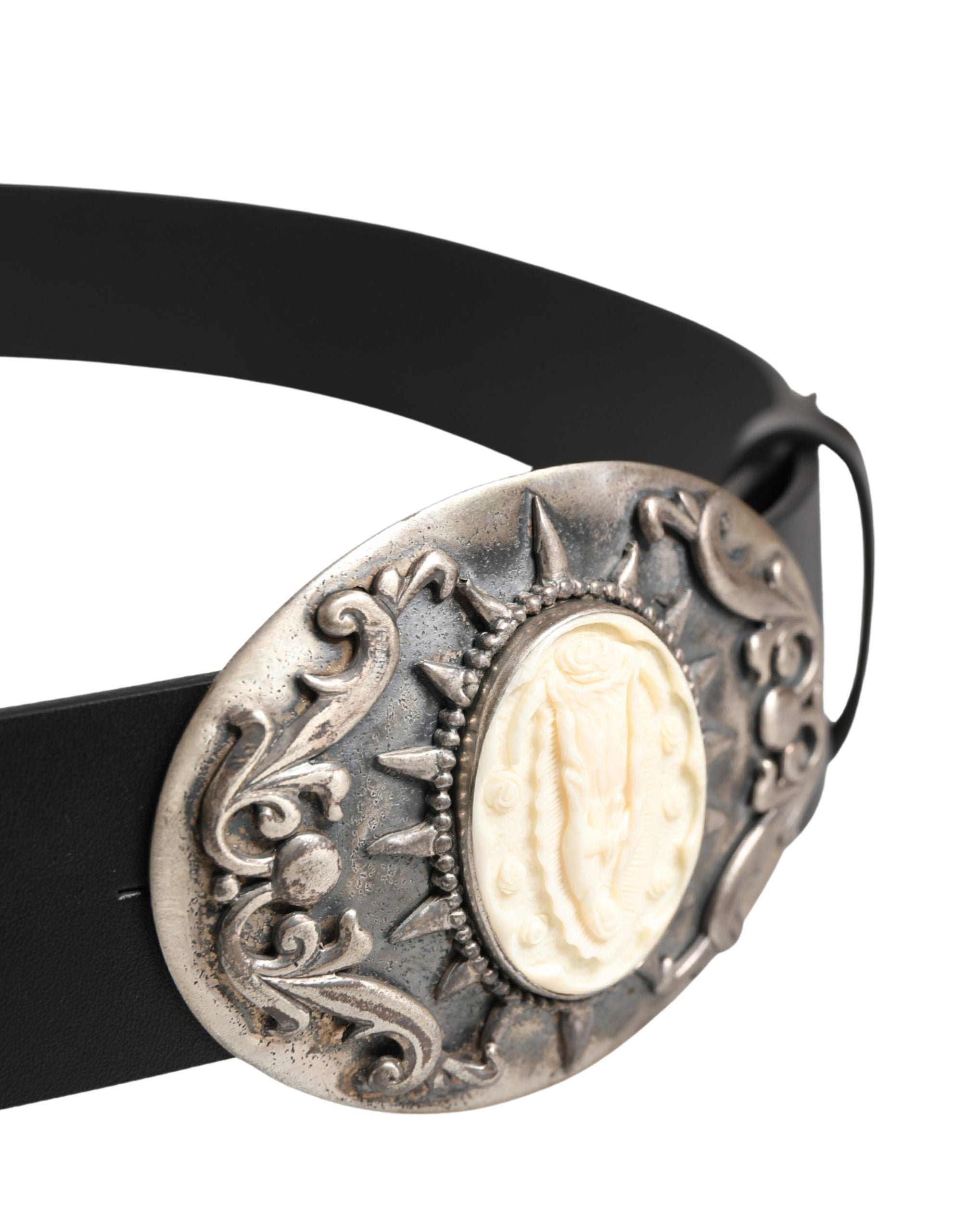 Black Calf Leather Ornate Metal Buckle Belt - ventzia