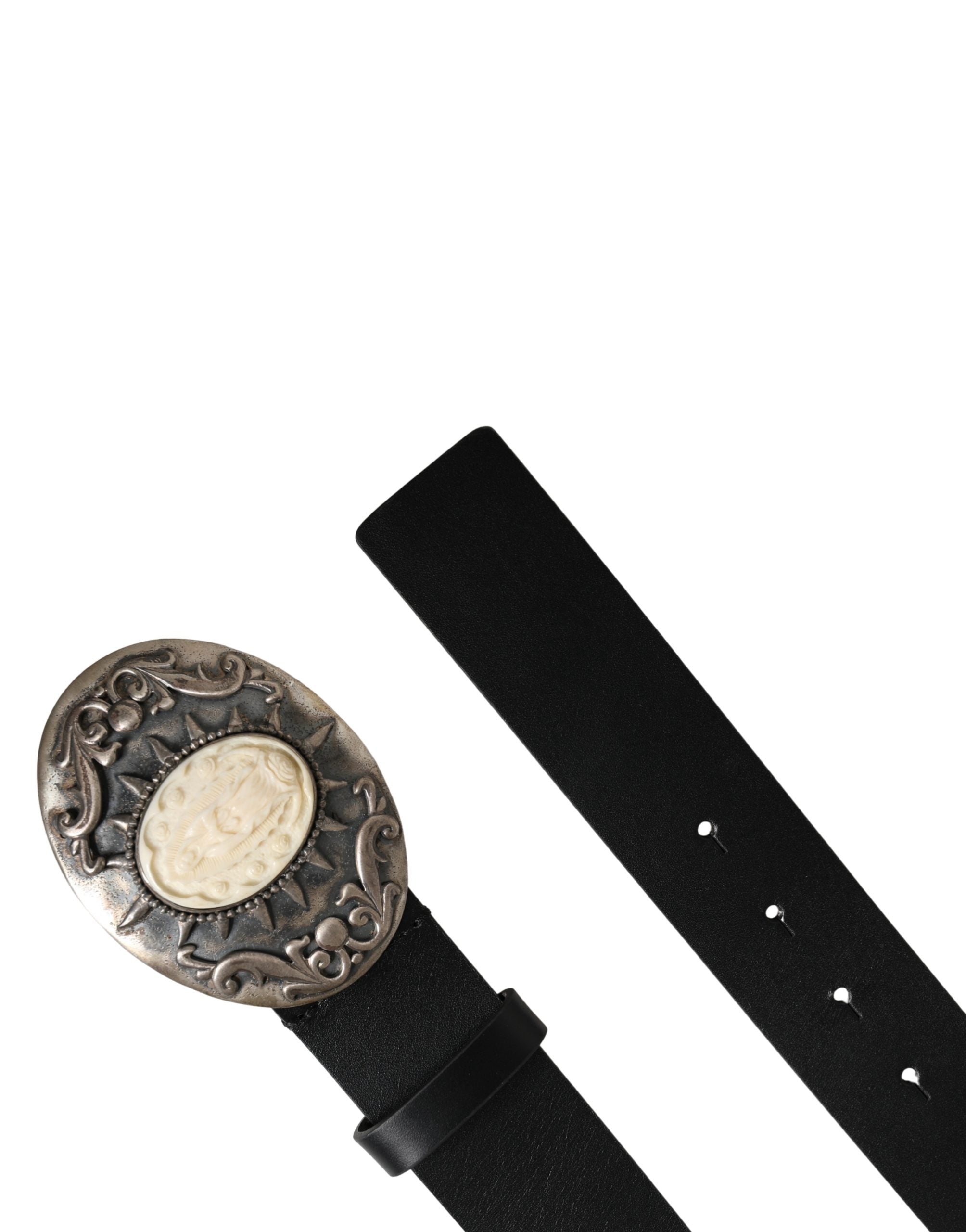 Black Calf Leather Ornate Metal Buckle Belt - ventzia