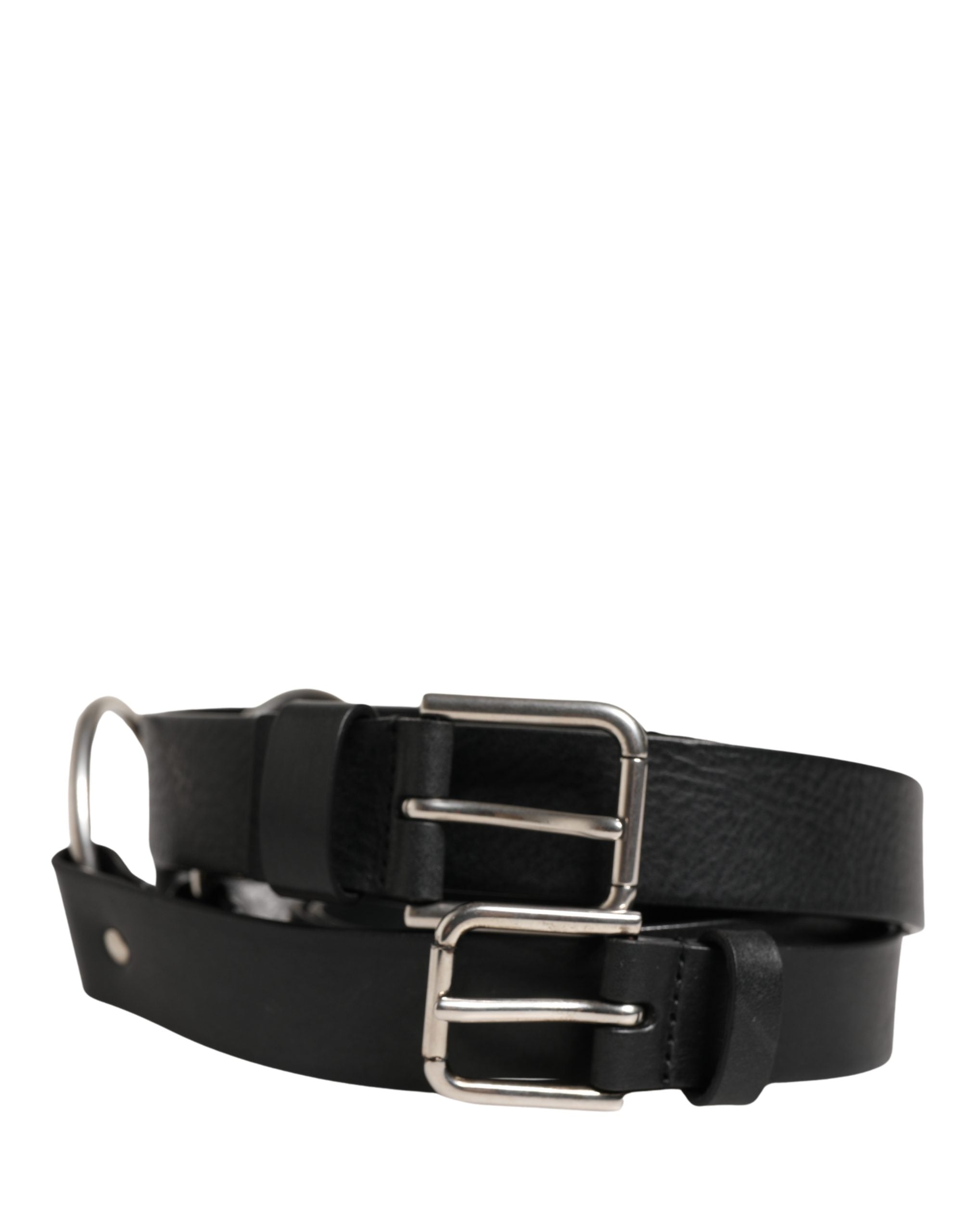 Black Double Strap Leather Silver Buckle Belt - ventzia