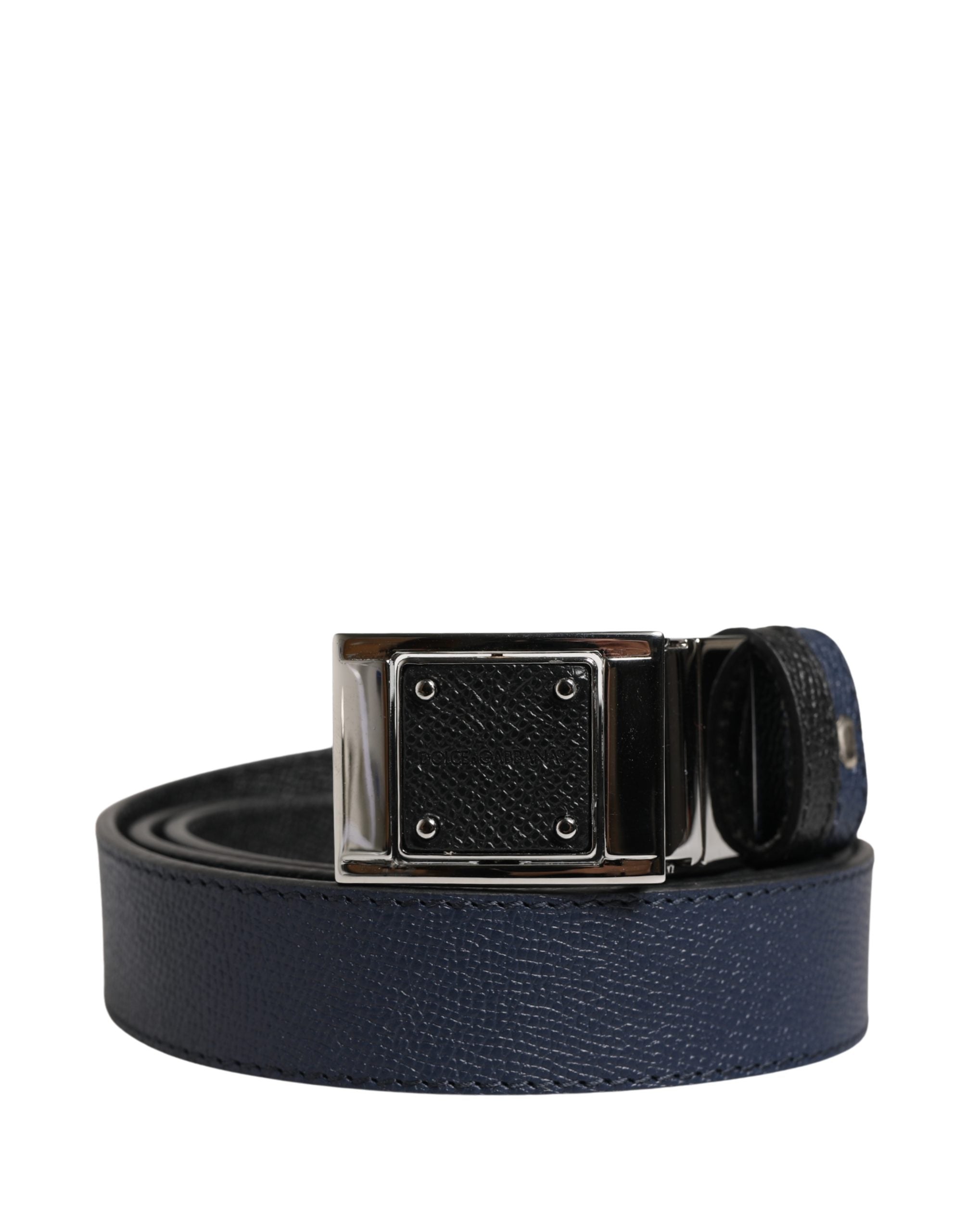 Men Blue Calfskin Leather Square Buckle Belt - ventzia