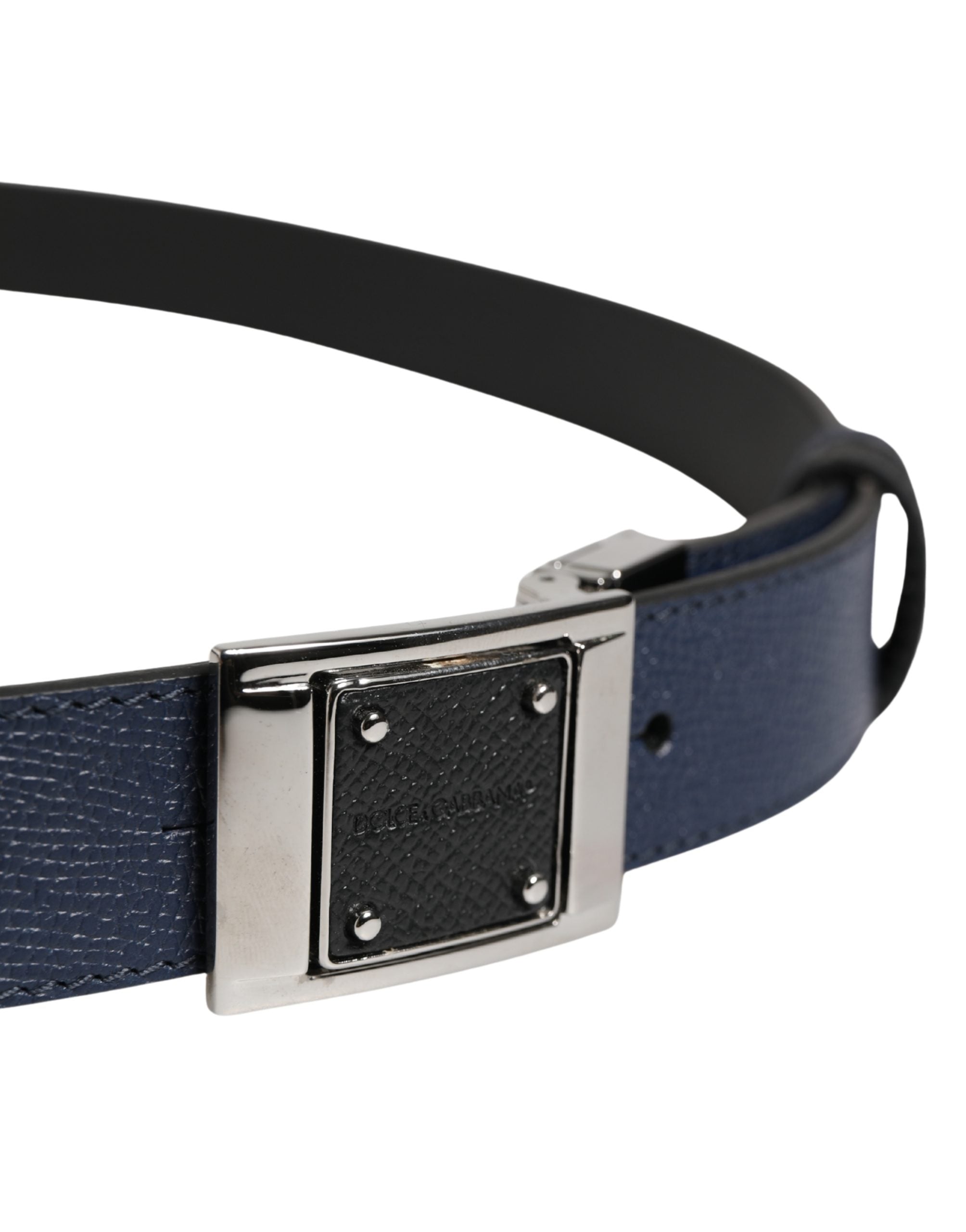 Men Blue Calfskin Leather Square Buckle Belt - ventzia