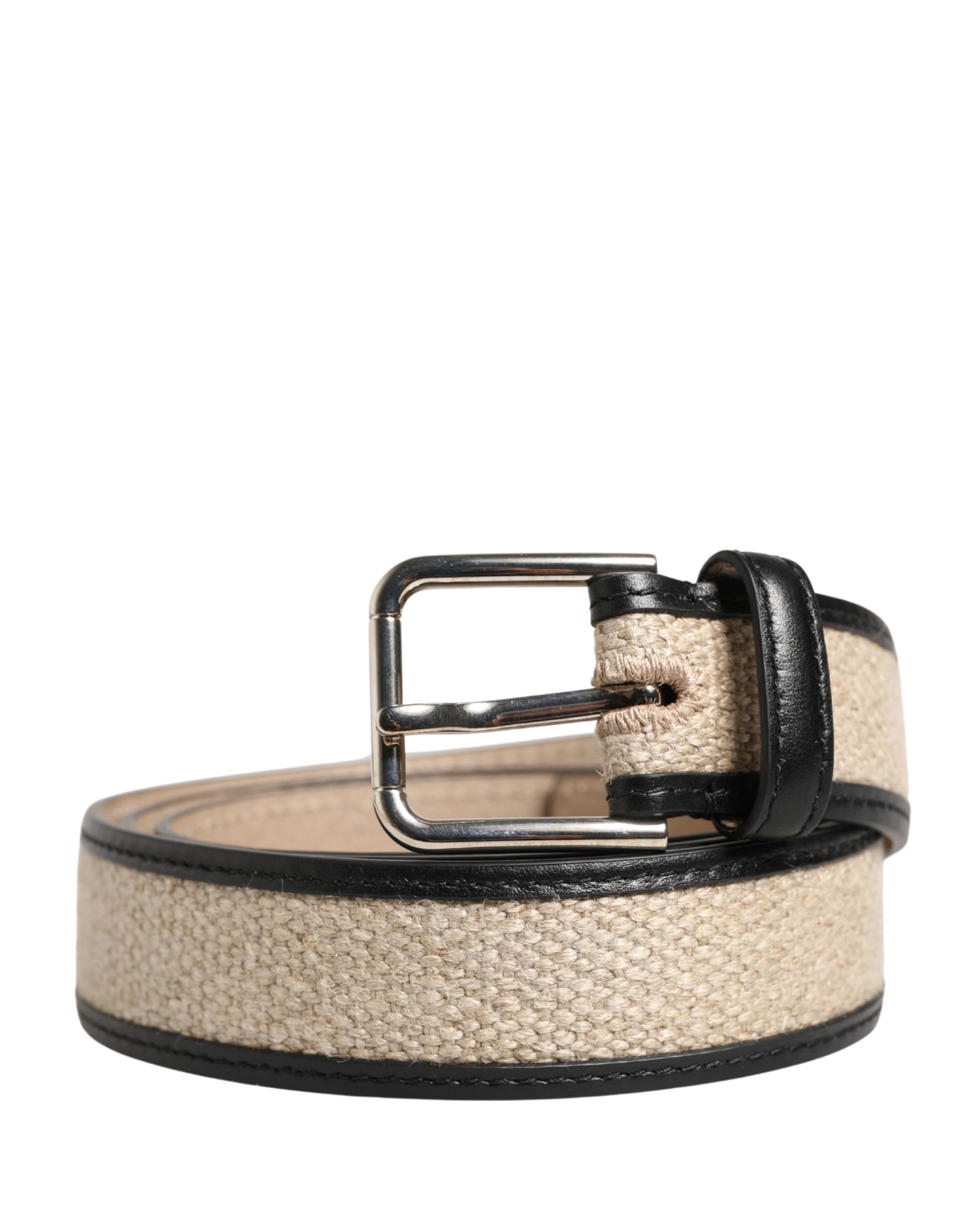 Men Beige Woven Leather Metal Buckle Belt - ventzia