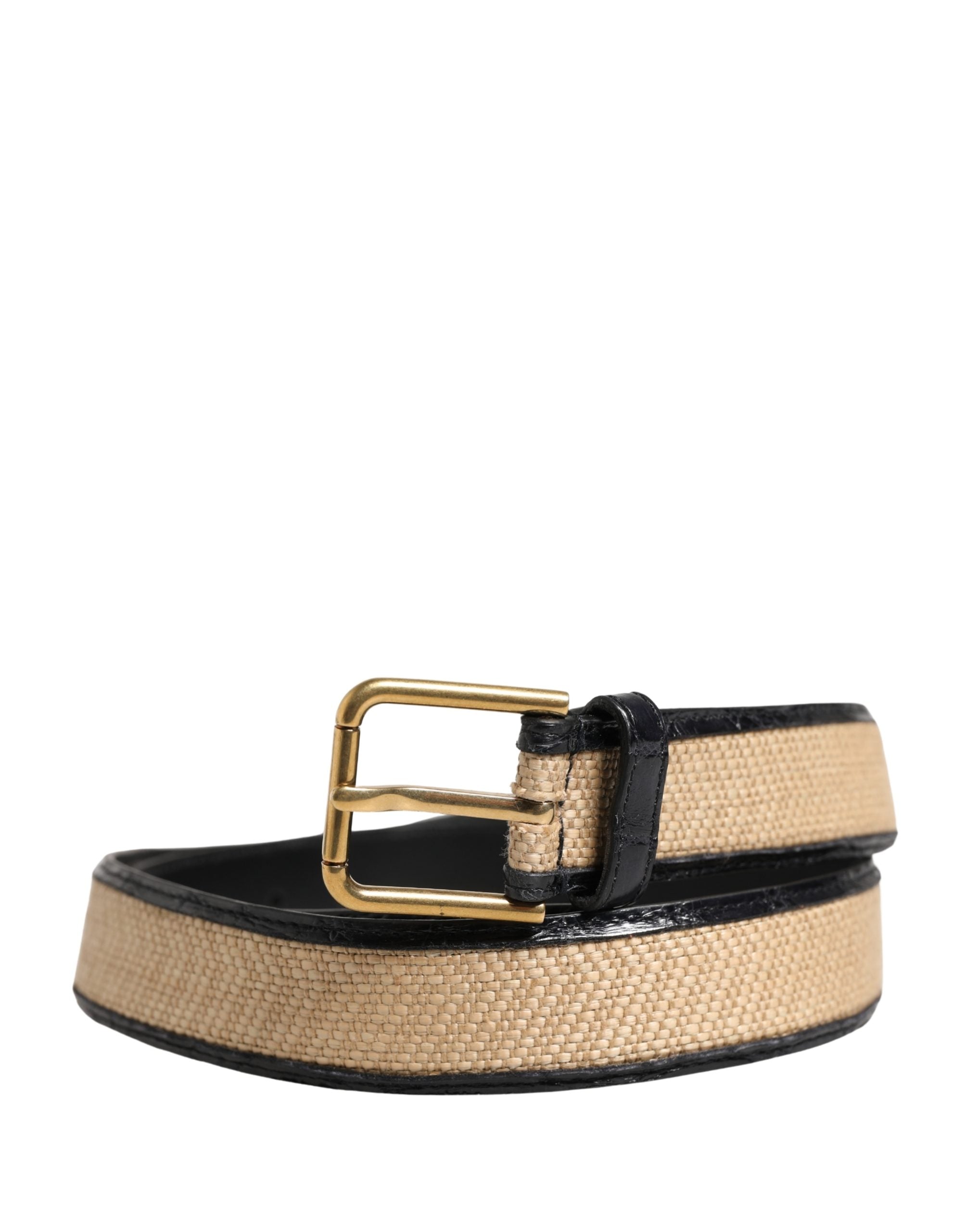 Men Beige Braided Leather Metal Buckle Belt - ventzia
