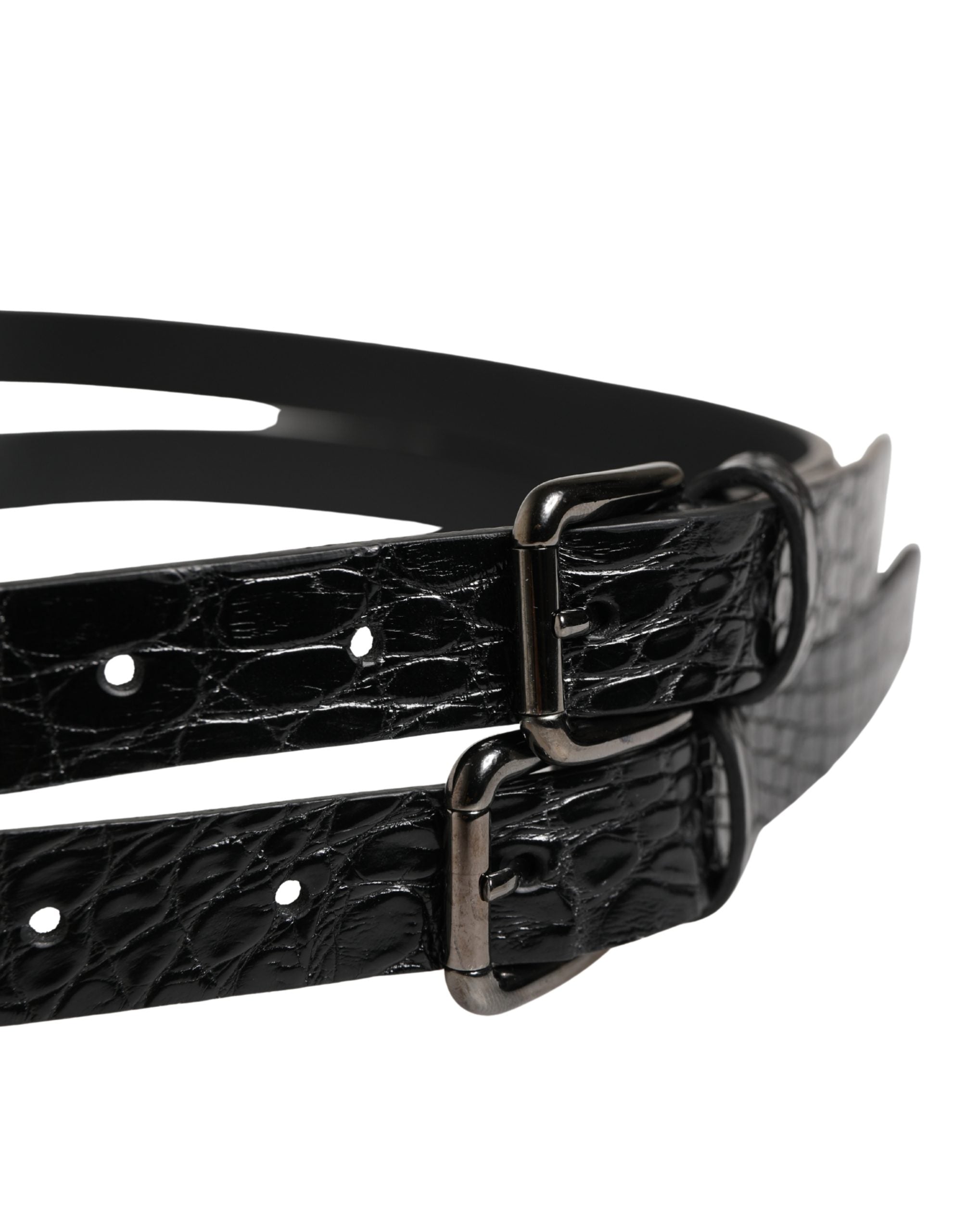 Black Double Strap Leather Silver Buckle Belt - ventzia