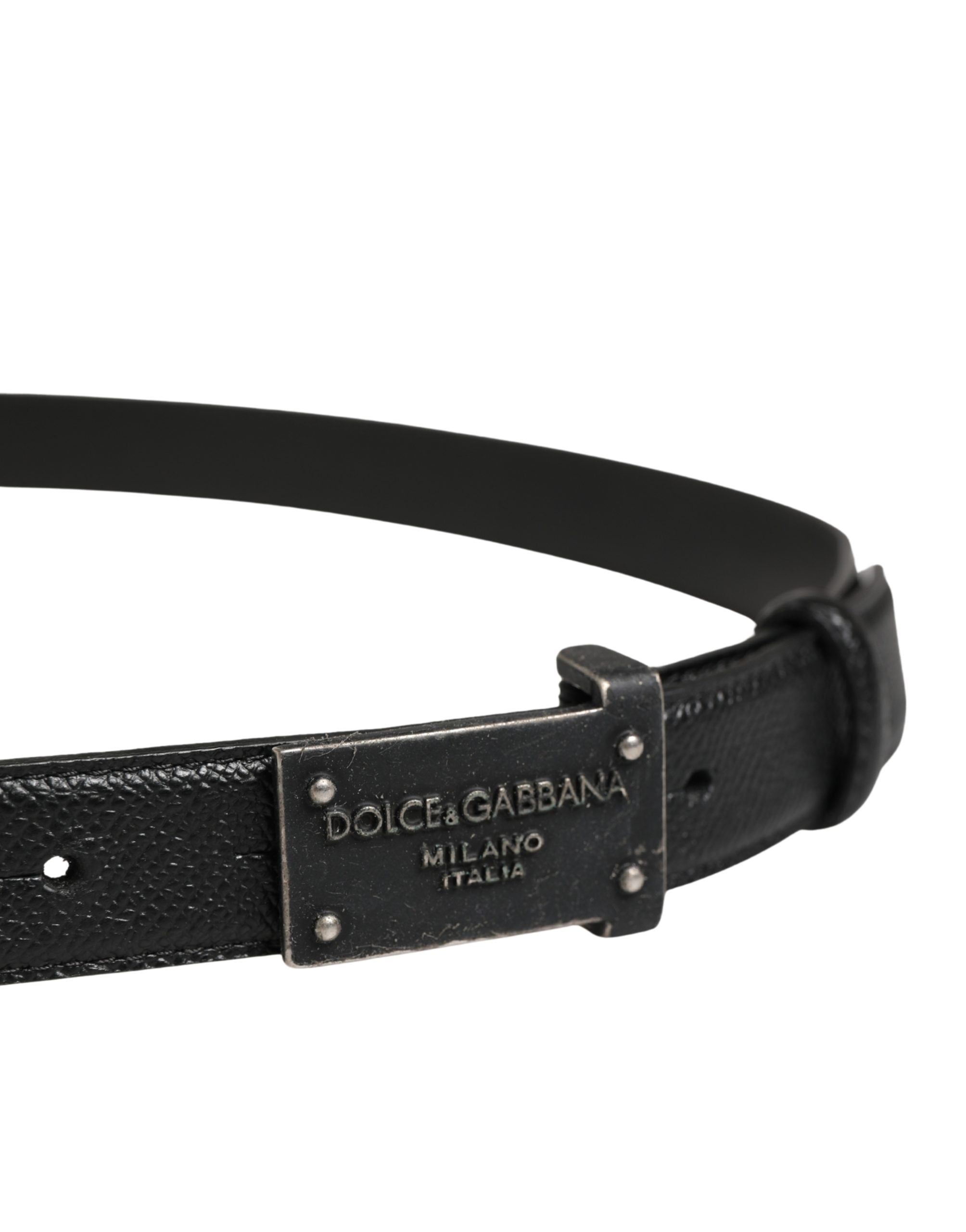 Men Black Calf Leather Logo Metal Buckle Belt - ventzia
