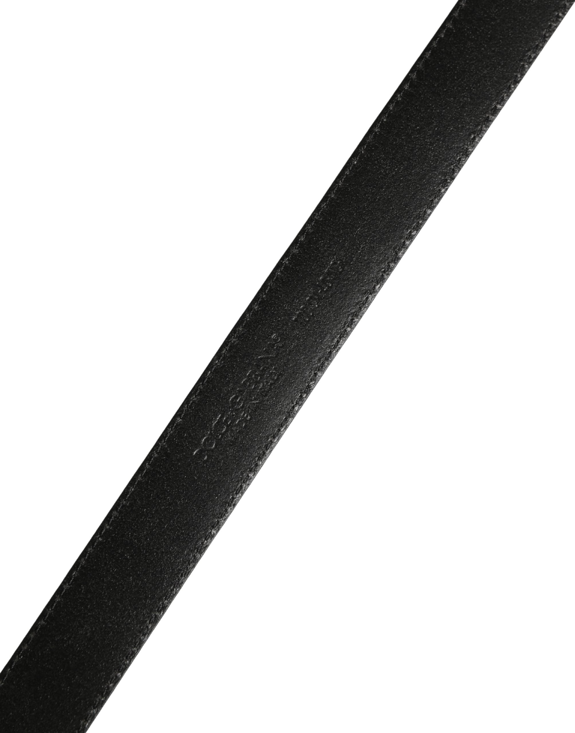Men Black Calf Leather Logo Metal Buckle Belt - ventzia