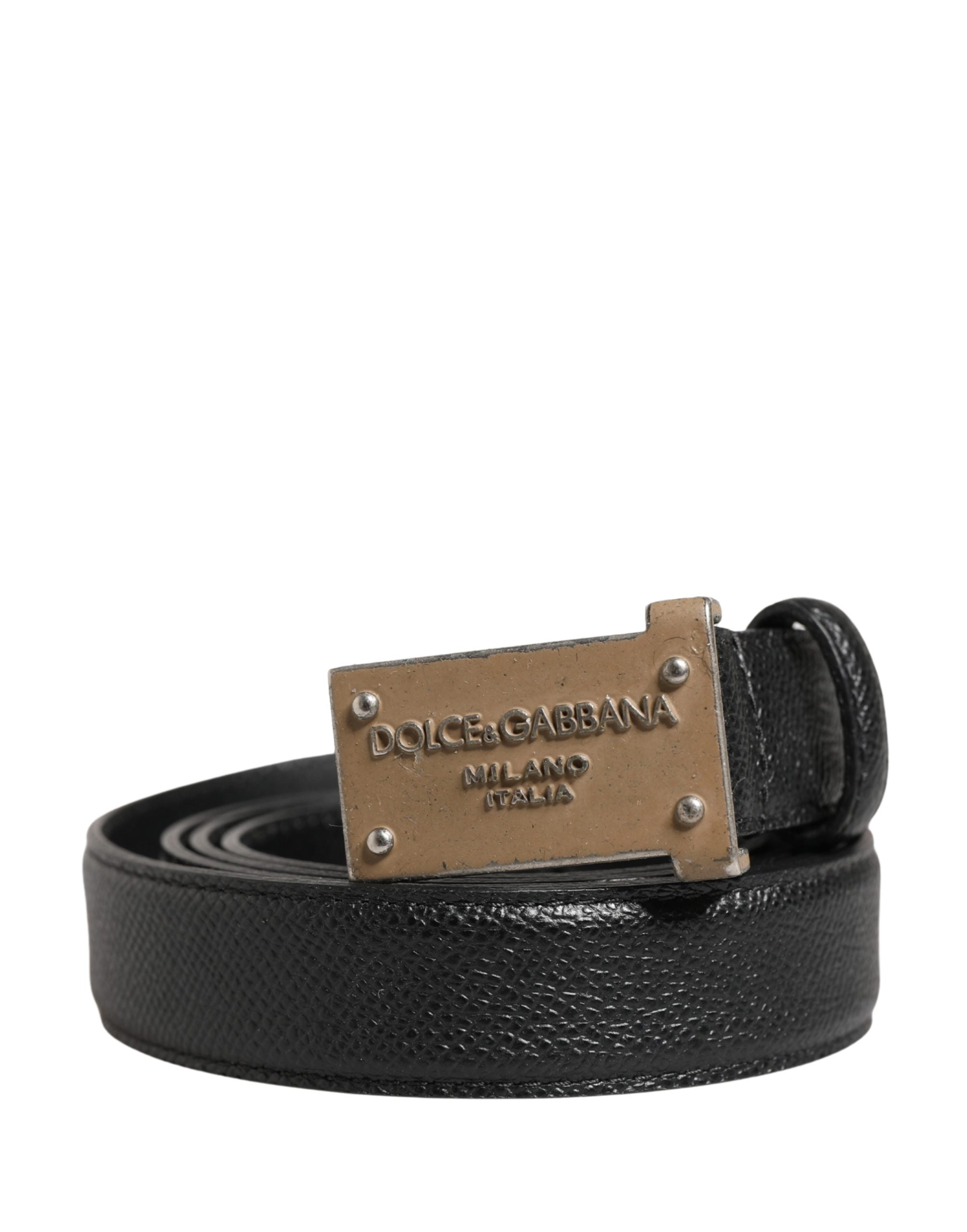 Men Black Calf Leather Logo Metal Buckle Belt - ventzia
