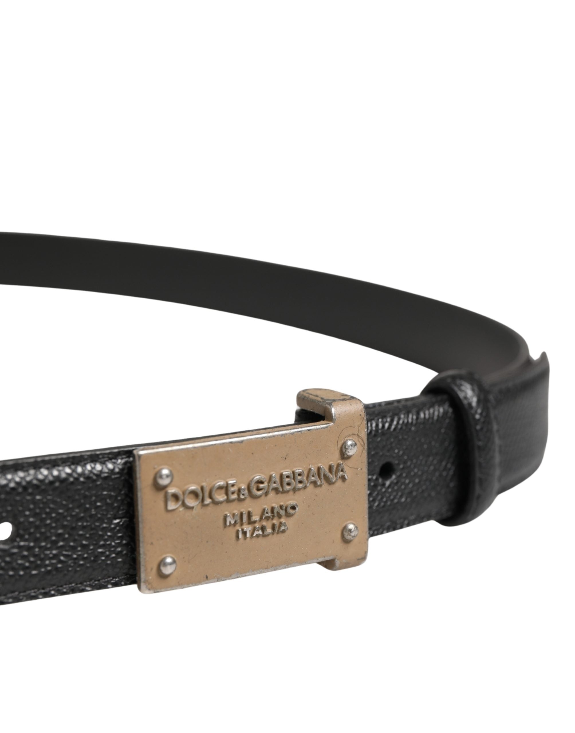 Men Black Calf Leather Logo Metal Buckle Belt - ventzia