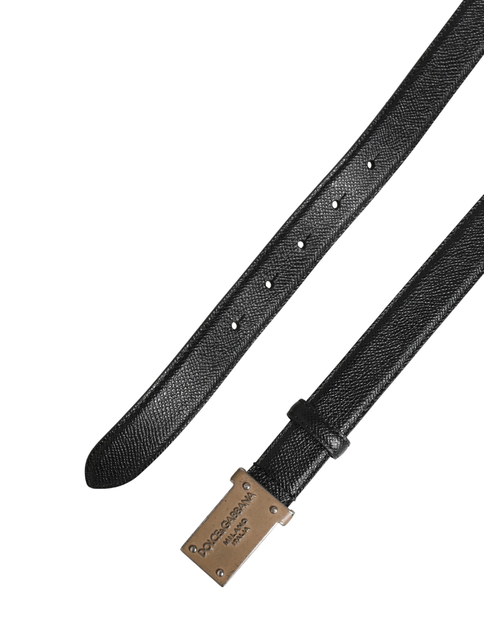 Men Black Calf Leather Logo Metal Buckle Belt - ventzia