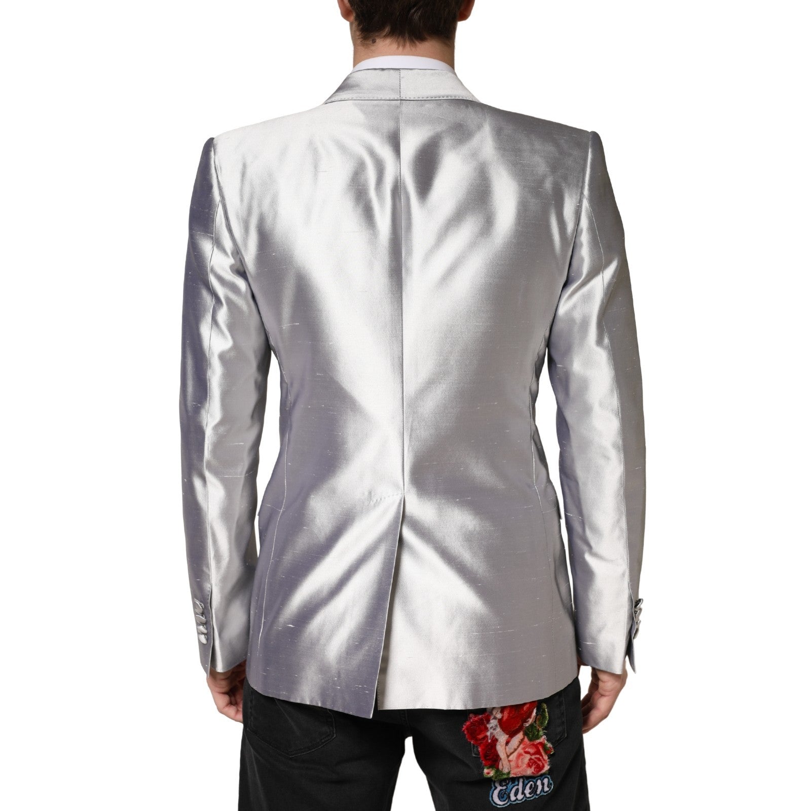 Silver SICILIA Silk Double Breasted Blazer - ventzia