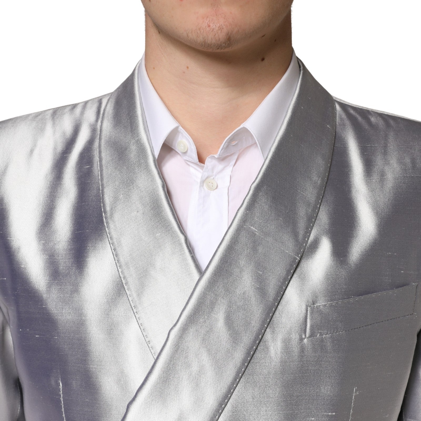Silver SICILIA Silk Double Breasted Blazer - ventzia