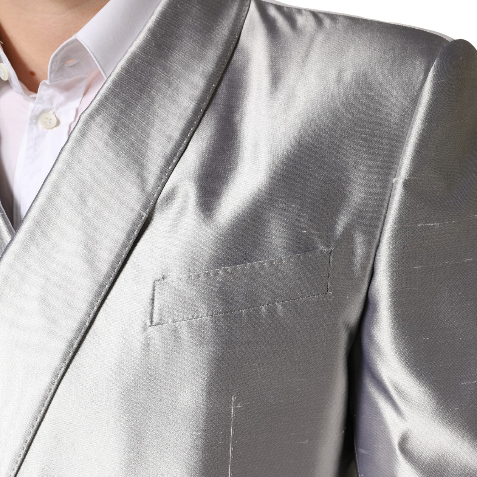 Silver SICILIA Silk Double Breasted Blazer - ventzia