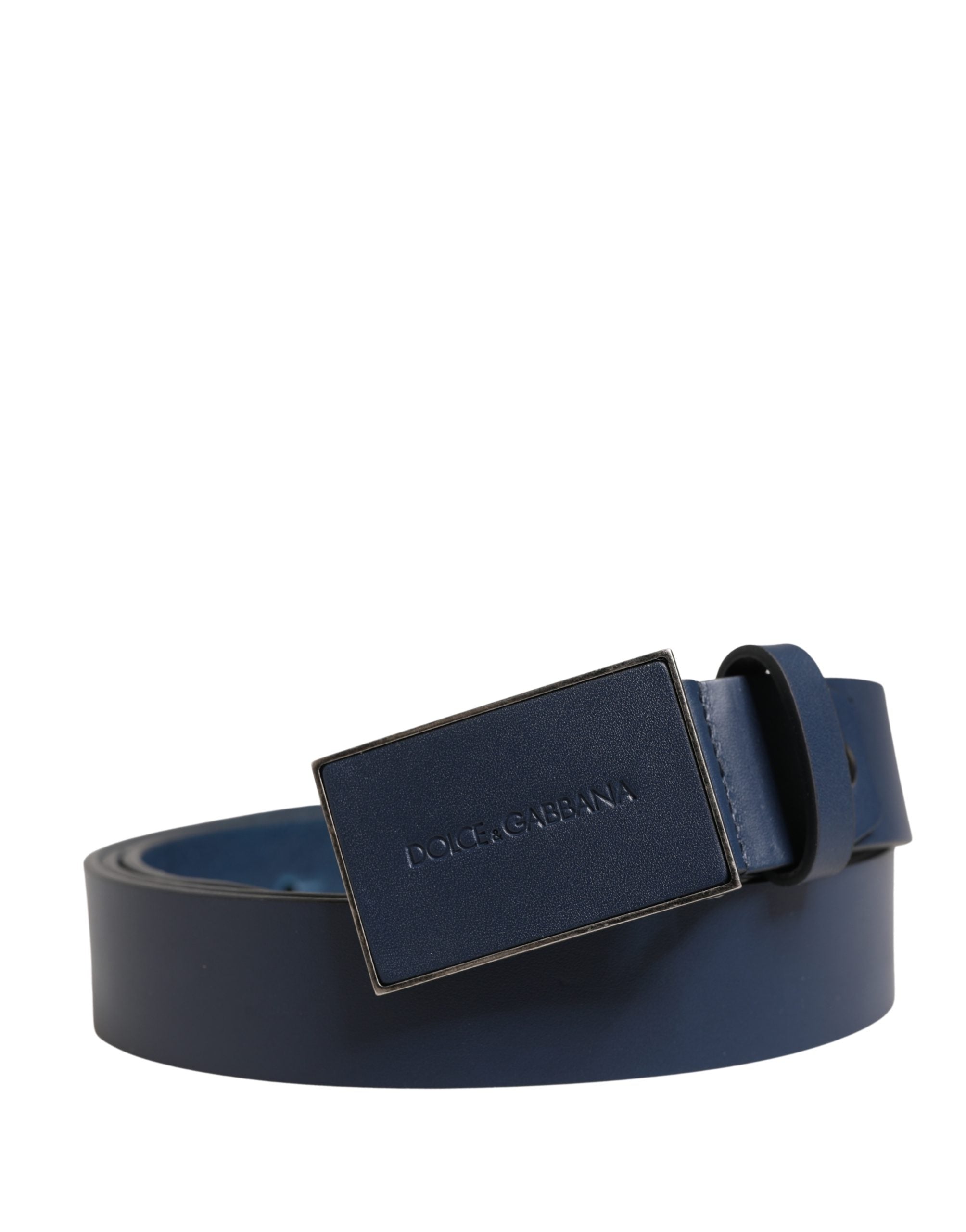 Men Blue Calf Leather Logo Metal Buckle Belt - ventzia