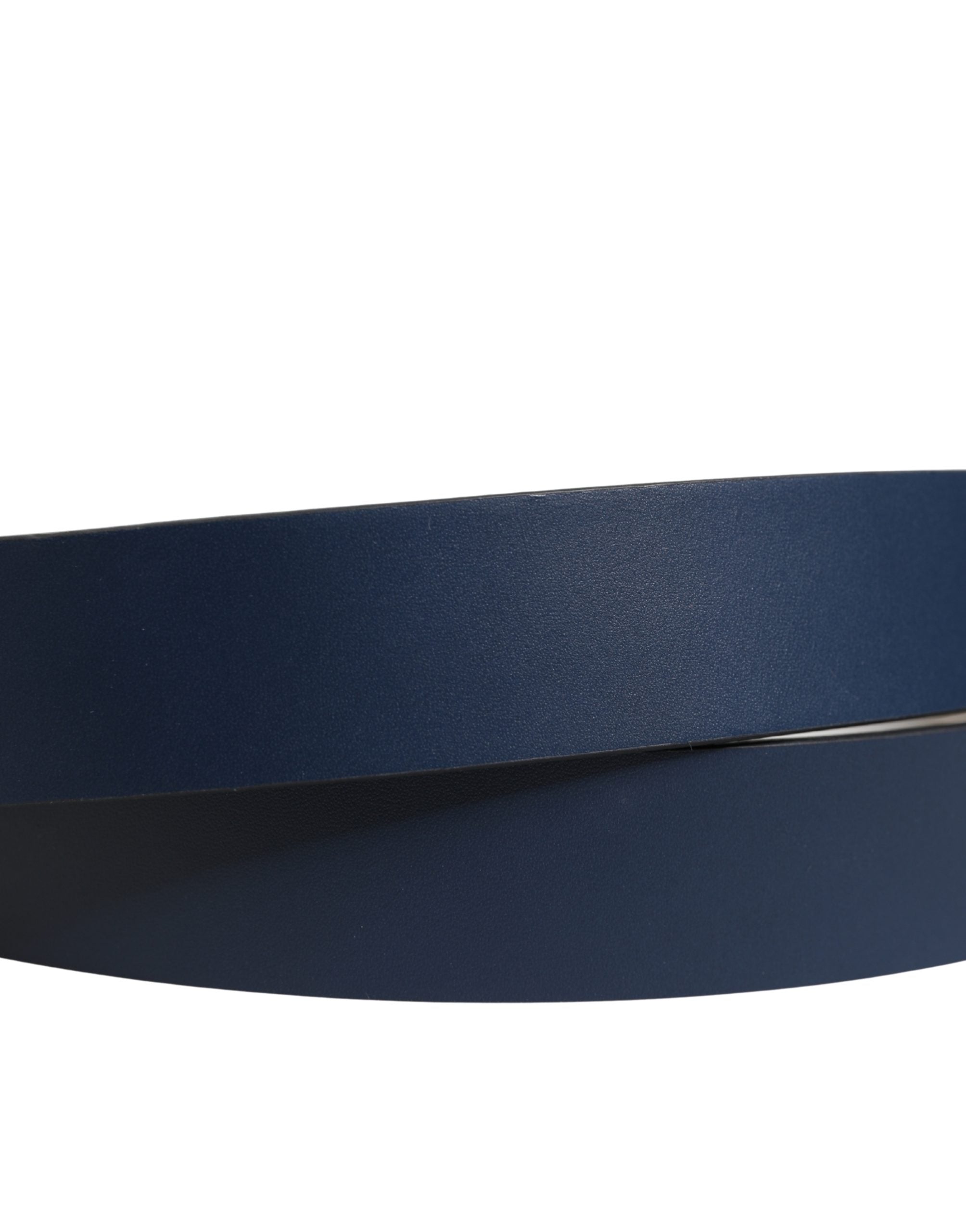 Men Blue Calf Leather Logo Metal Buckle Belt - ventzia