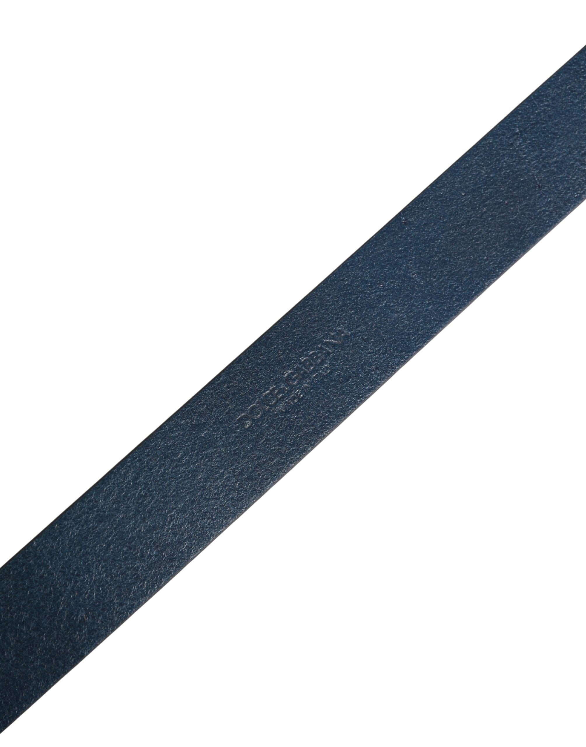 Men Blue Calf Leather Logo Metal Buckle Belt - ventzia