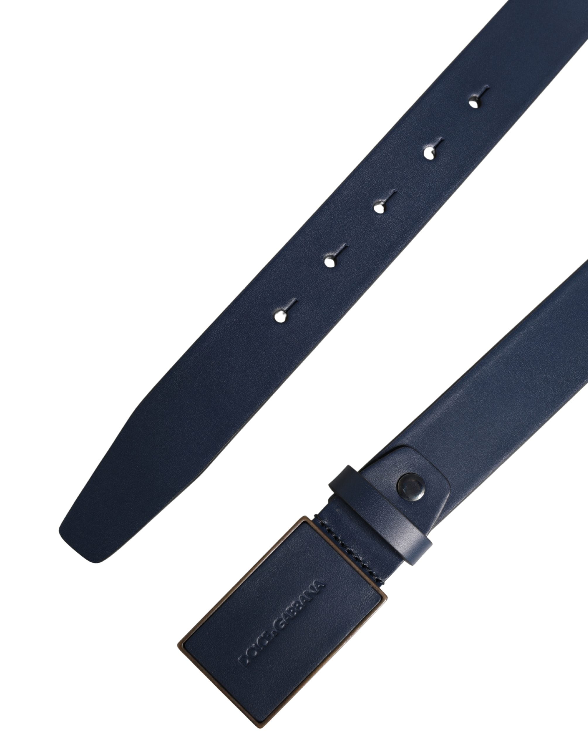 Men Blue Calf Leather Logo Metal Buckle Belt - ventzia
