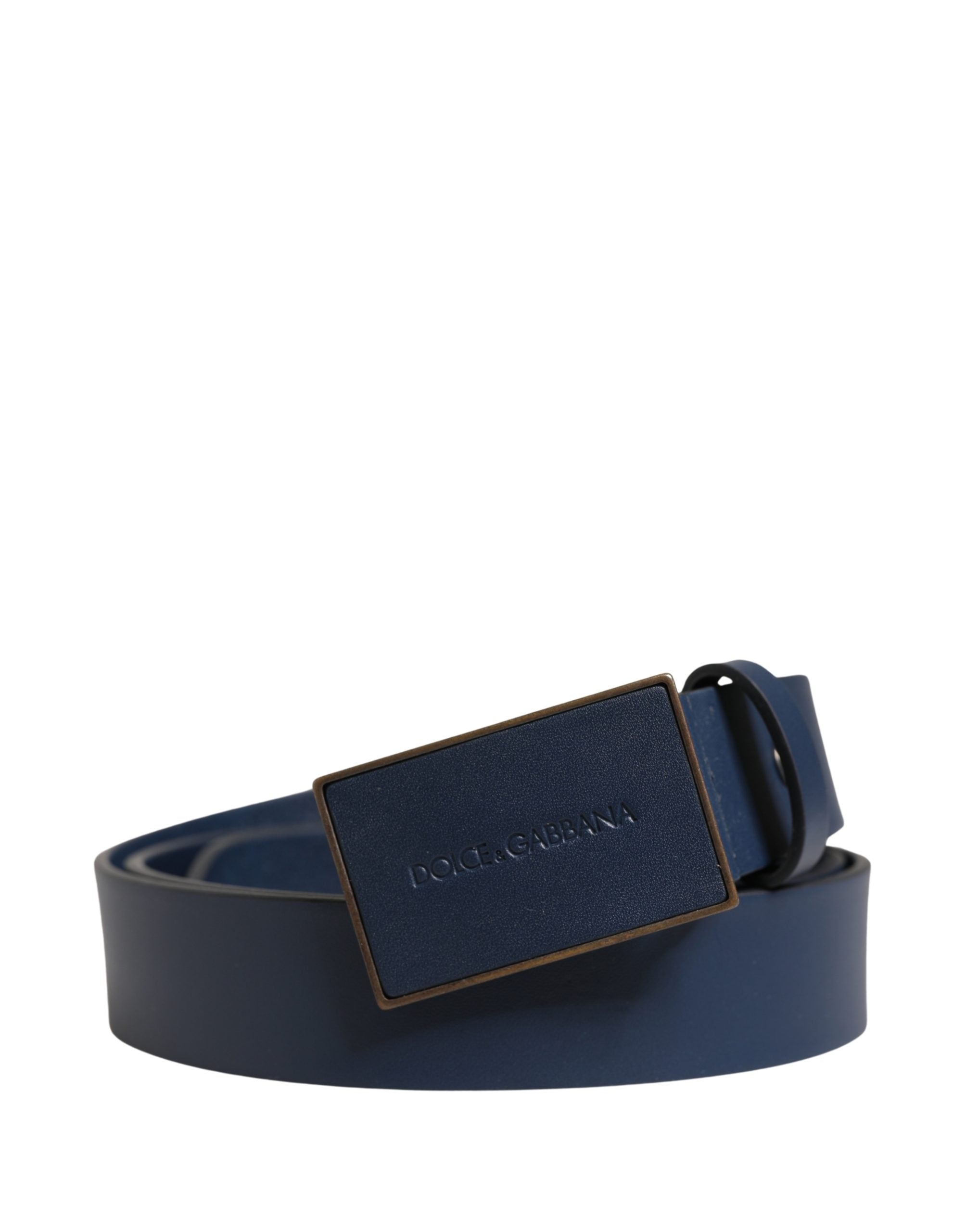 Men Blue Calf Leather Logo Metal Buckle Belt - ventzia