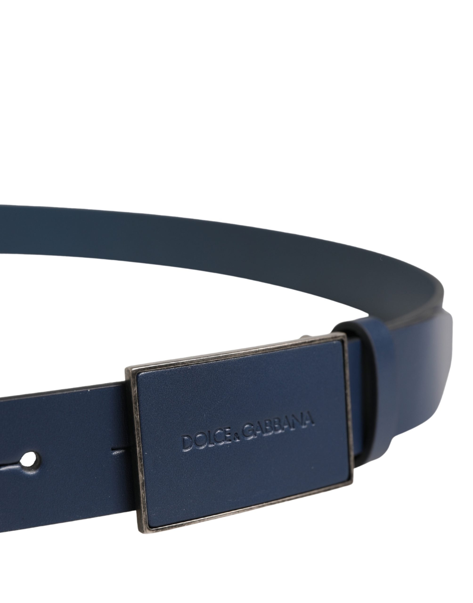 Men Blue Calf Leather Logo Metal Buckle Belt - ventzia