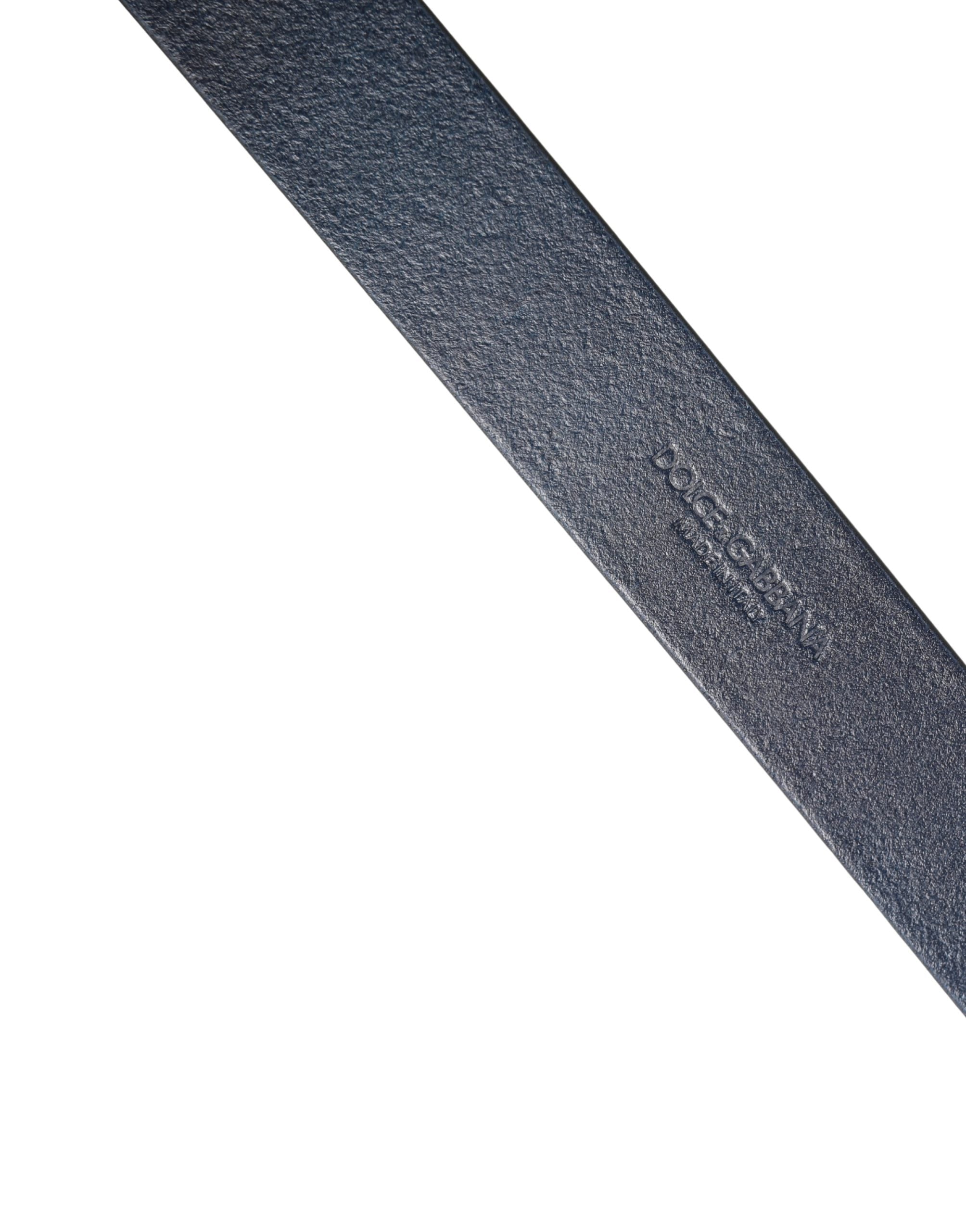 Men Blue Calf Leather Logo Metal Buckle Belt - ventzia