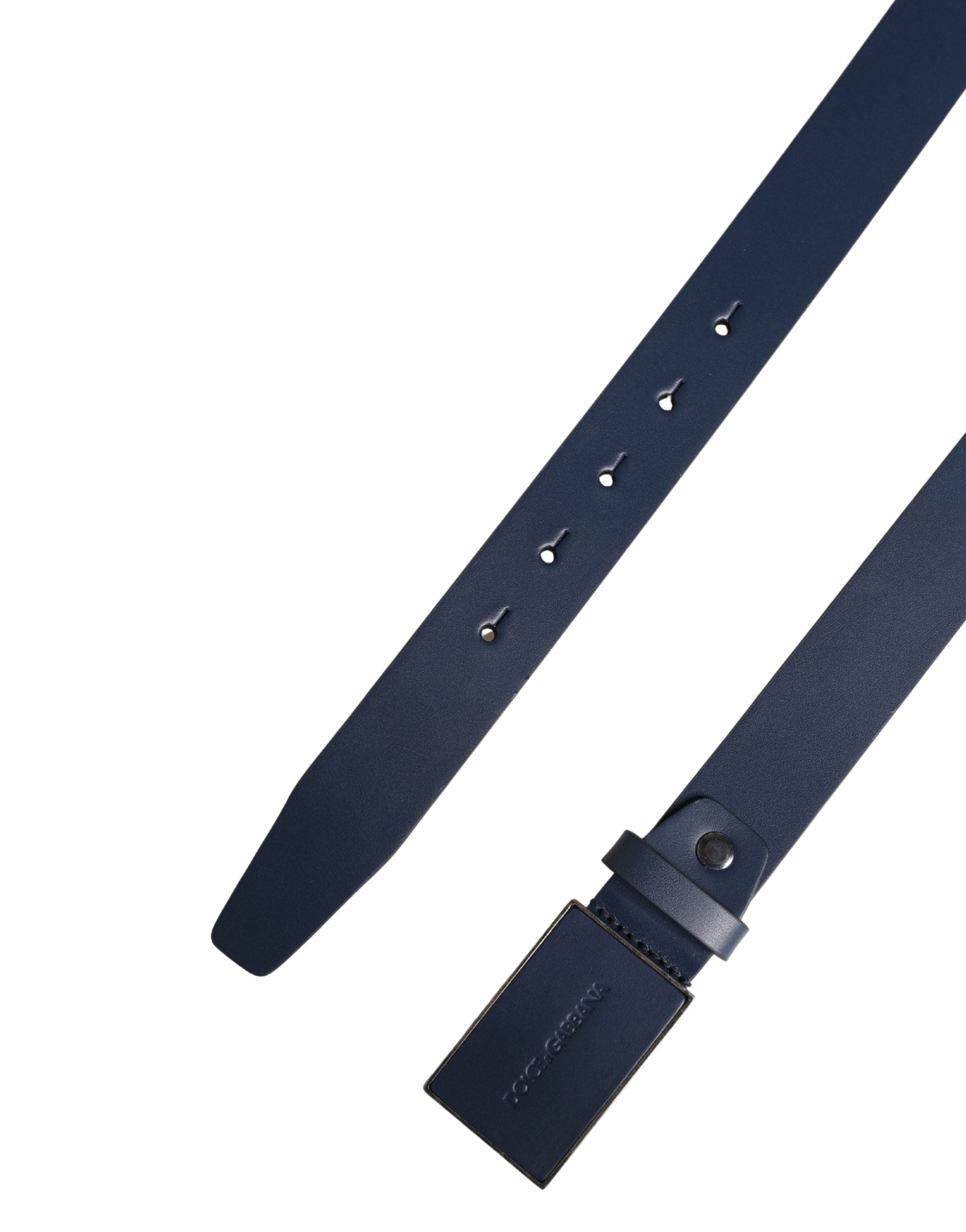Men Blue Calf Leather Logo Metal Buckle Belt - ventzia