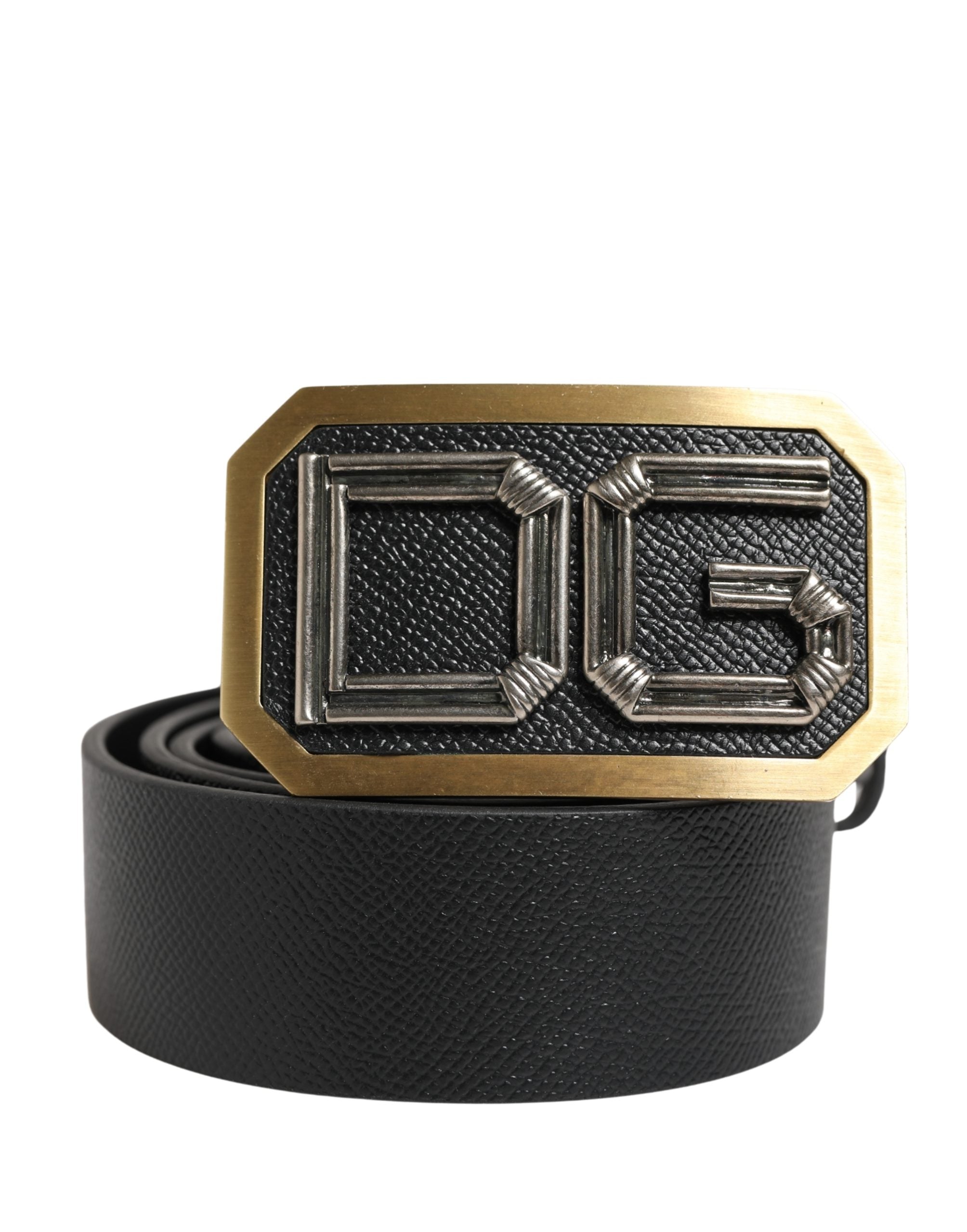 Men Black Leather DG Logo Metal Buckle Belt - ventzia