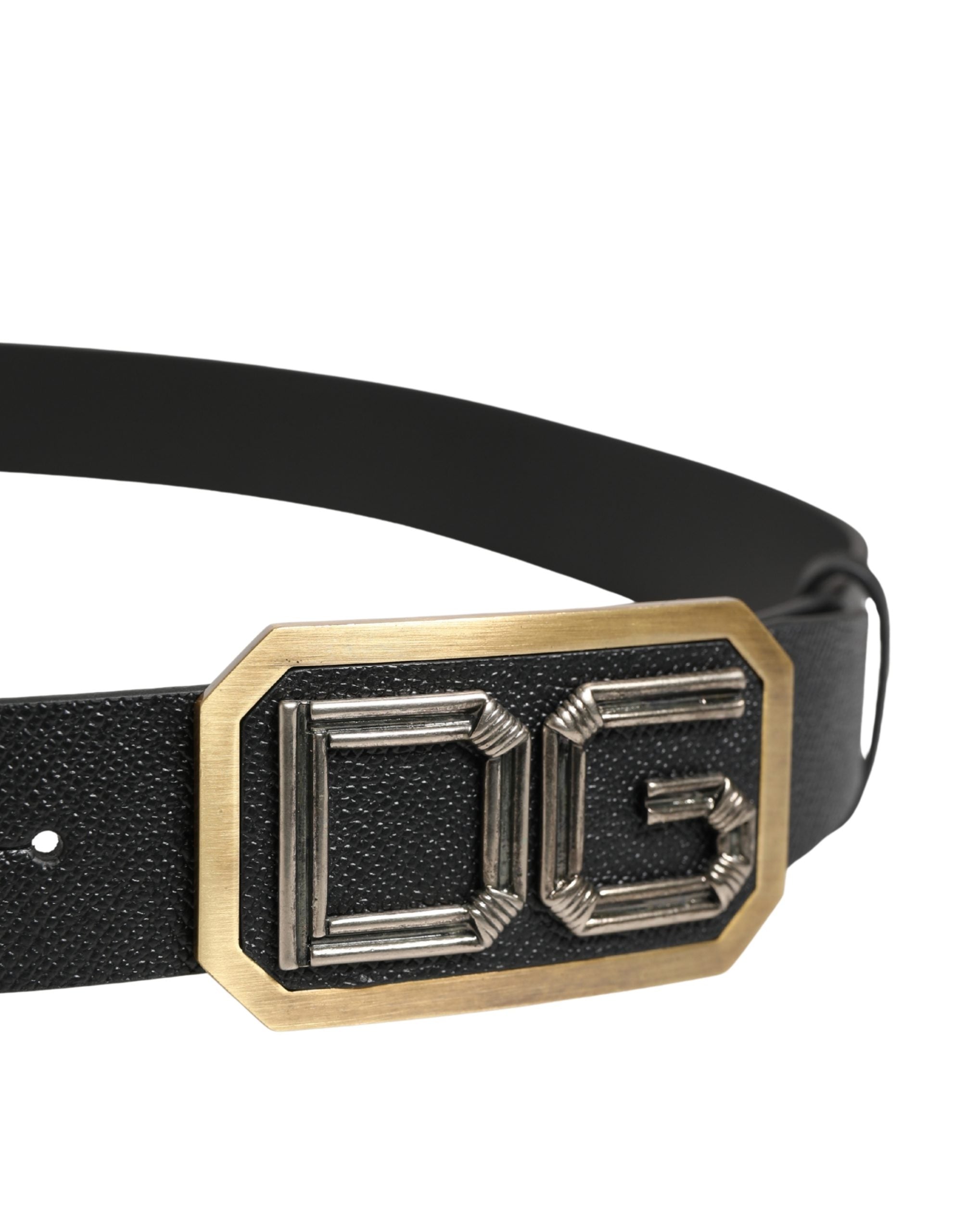 Men Black Leather DG Logo Metal Buckle Belt - ventzia