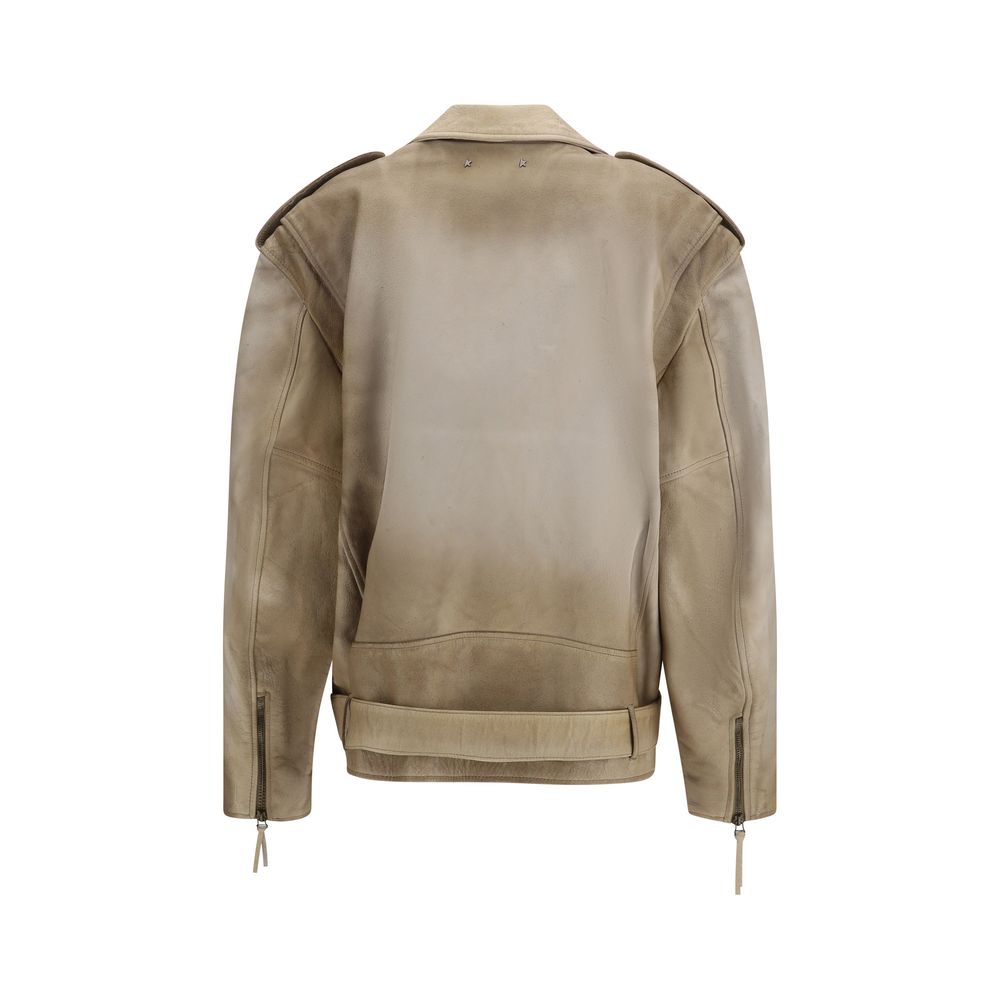 Beige Buffalo Leather Biker Jacket - ventzia